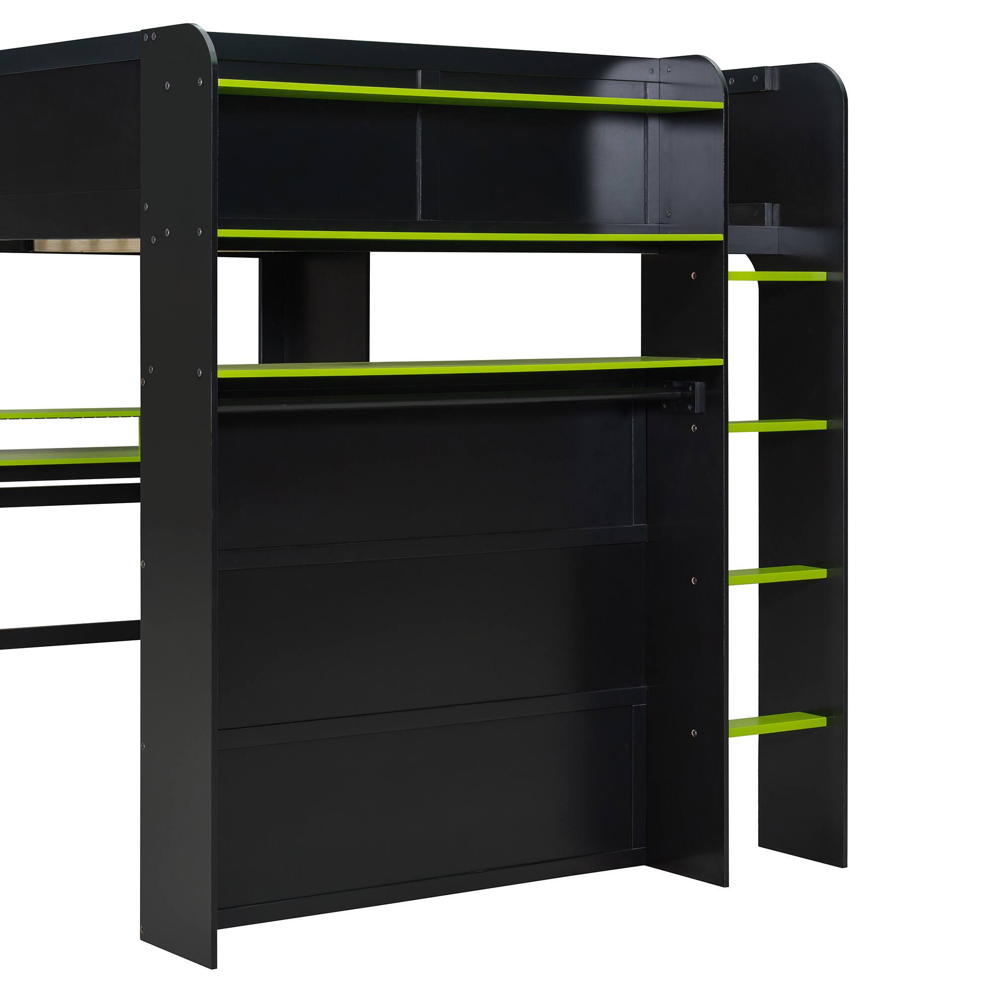 Alt View 5. Anysun - Full Size Wood Bunk Bed with height-adjustable Desk,Wardrobe,Ample Storage Space,and RGB Light - Green.