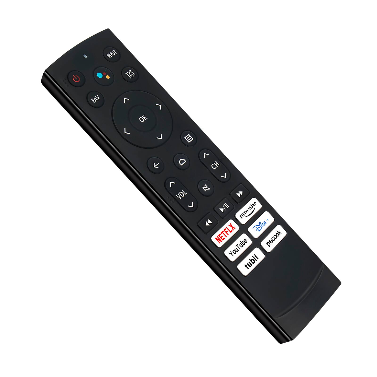 INPUT 123  
FAV  
7 OK L  
7 7 D CH L 7 A VOL 7 11/1 video prime % NETFLX Disn YouTube pecock tubii