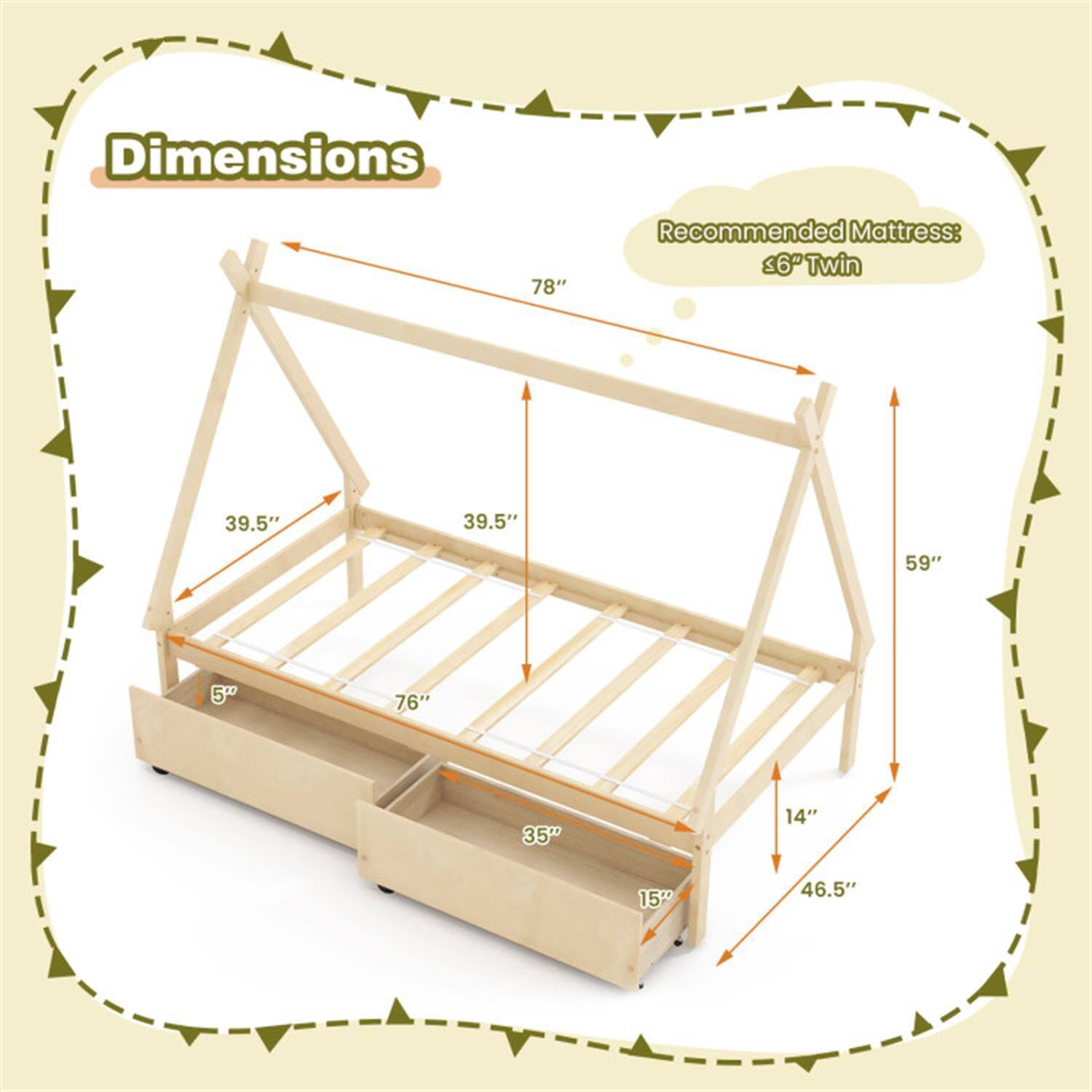 Dimensions:  
- 78"  
- 39.5"  
- 39.5"  
- 59"  
- 76"  
- 35"  
- 14"  
- 15"  
- 46.5"  

Recommended Mattress: 36" Twin