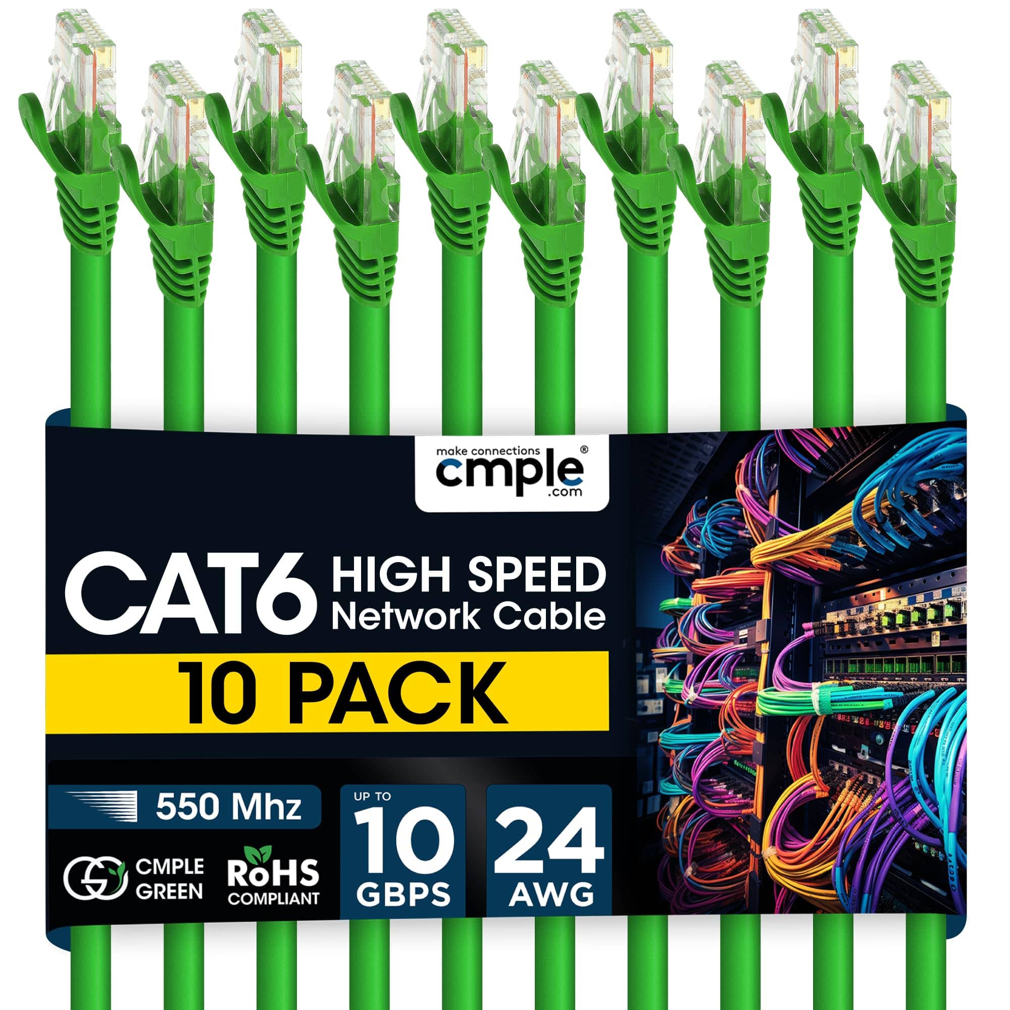 Cmple.com - Cmple - 10 Pack Cat6 Ethernet Cable 10 ft Cat 6 Network Cables, RJ45 Connector 10Gbps, LAN Patch Cord Internet - Green