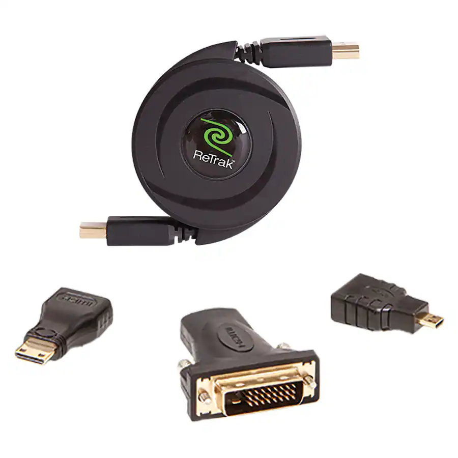 ReTrak Retractable Standard HDMI Cable 5 Ft with Mini, Micro, and DVI ...