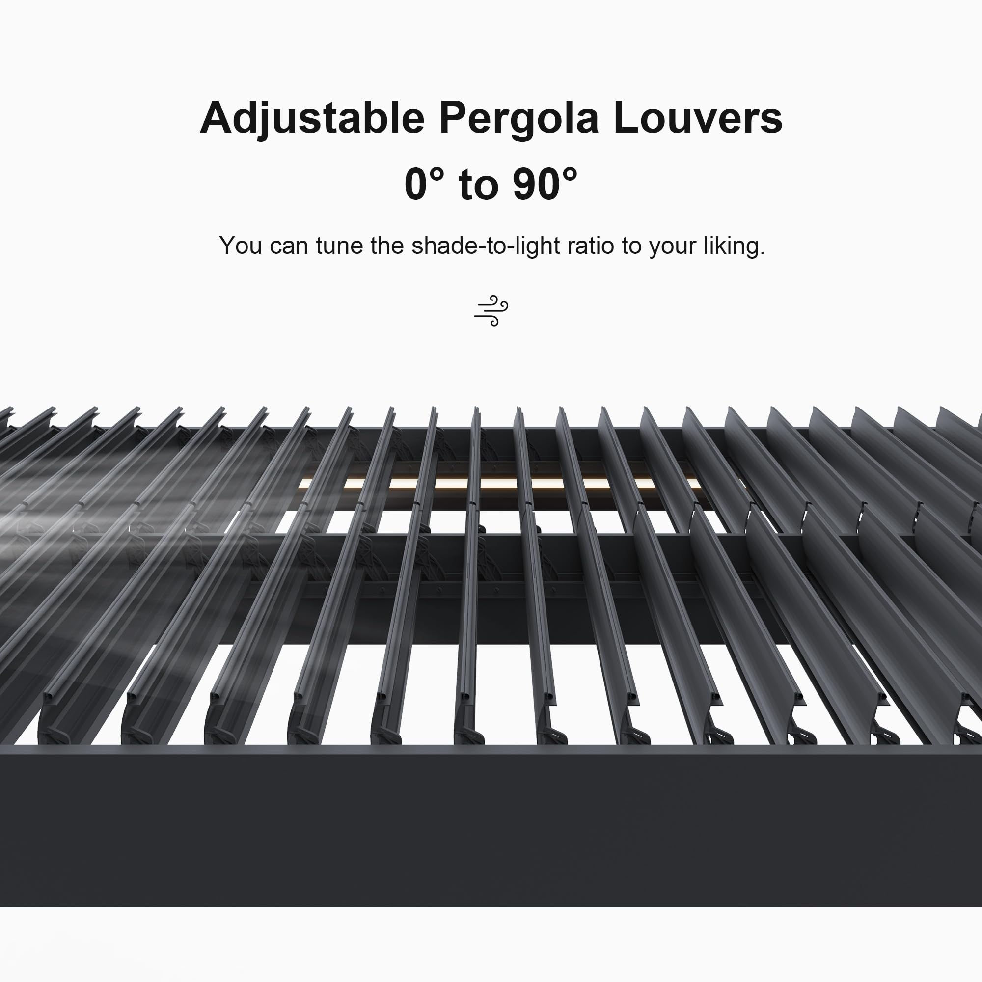 Adjustable Pergola Louvers  
0° to 90°  

You can tune the shade-to-light ratio to your liking.