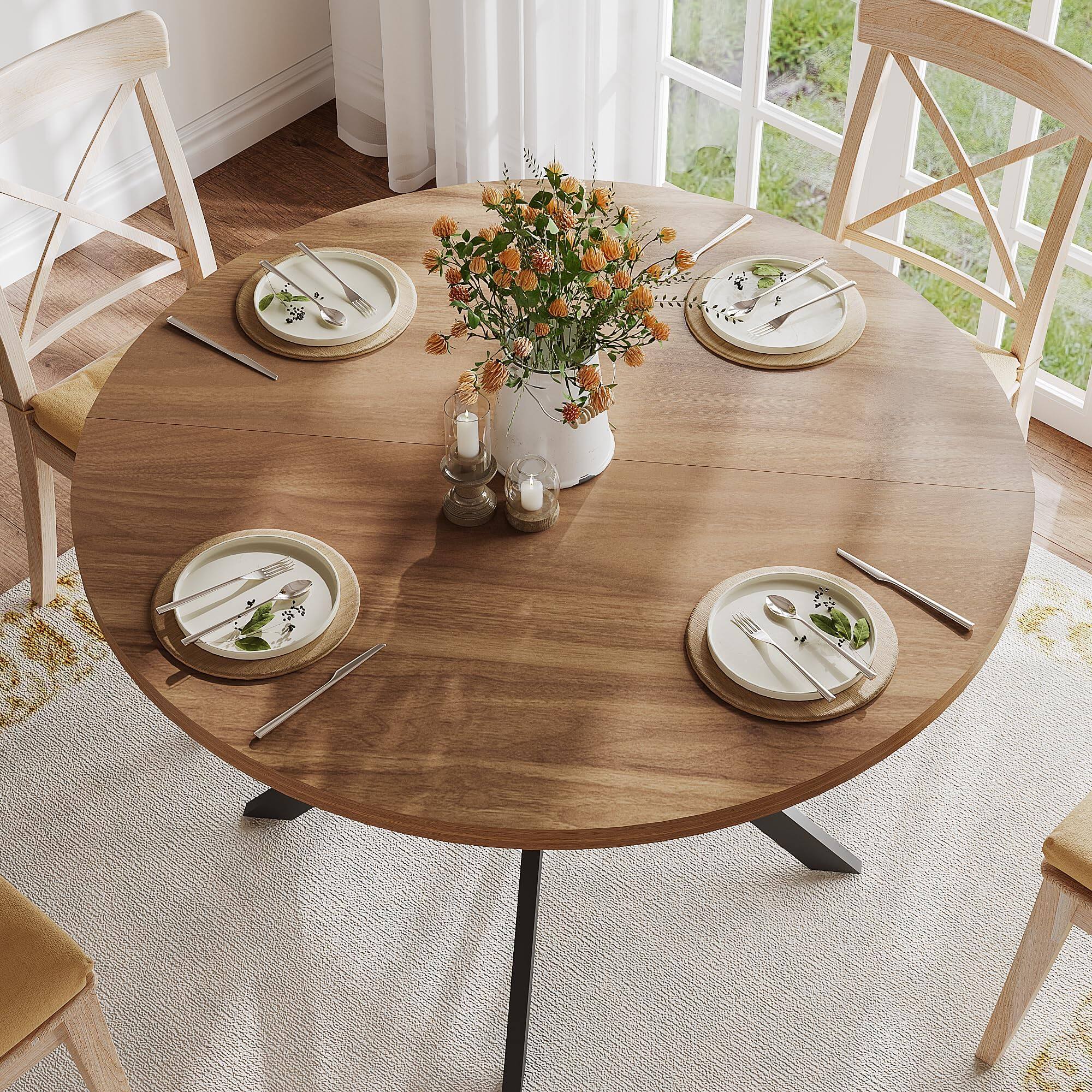 Alt View 1. MAGICAL RUBS - 47.2 Inch Round Dining Table For 4  Farmhouse Wood Kitchen Dinner & Room Walnut - Black 47.2inch.