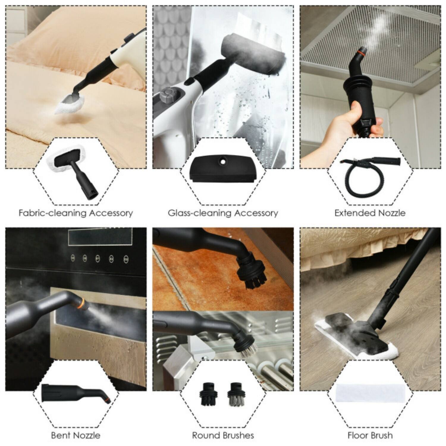 Fabric-cleaning Accessory  
Glass-cleaning Accessory  
Extended Nozzle  
Bent Nozzle  
Round Brushes  
Floor Brush