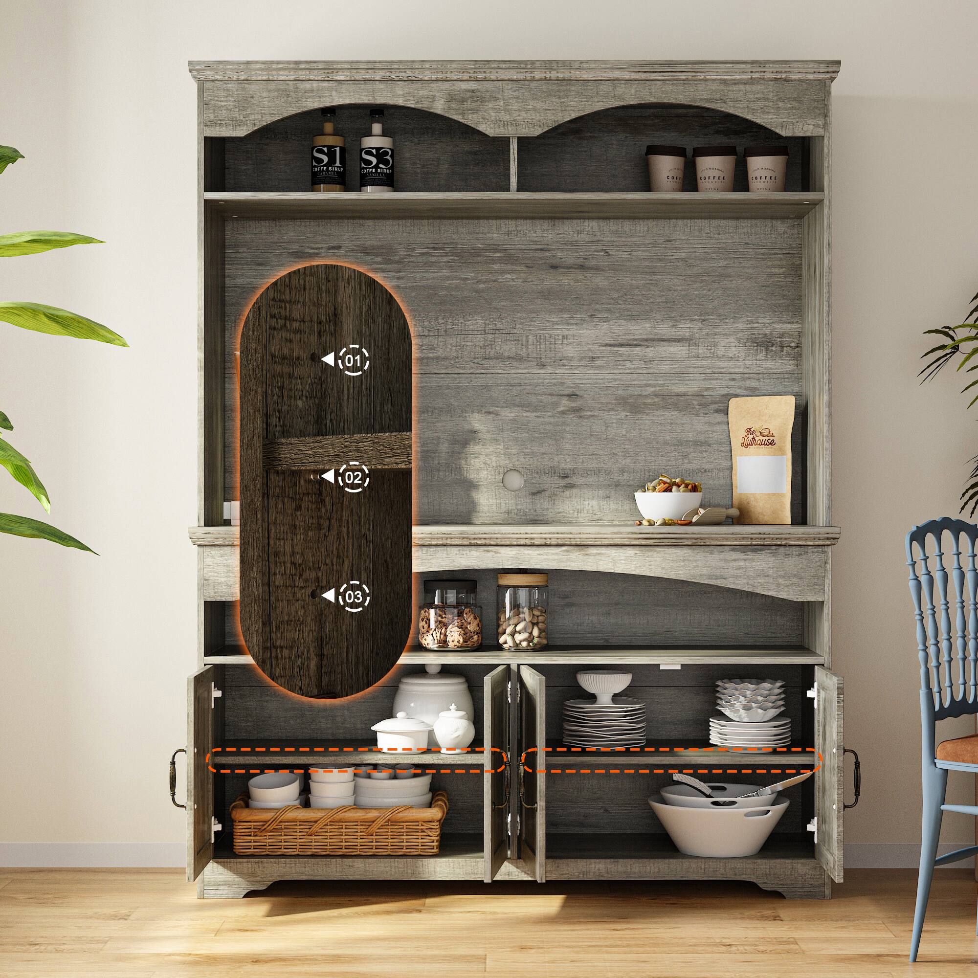Alt View 9. FUFU & GAGA - Mid-Century Storage Cabinet with Bronze Bridge Handles and Multi-Compartment Design for Living Room or Dining Room - Gray.