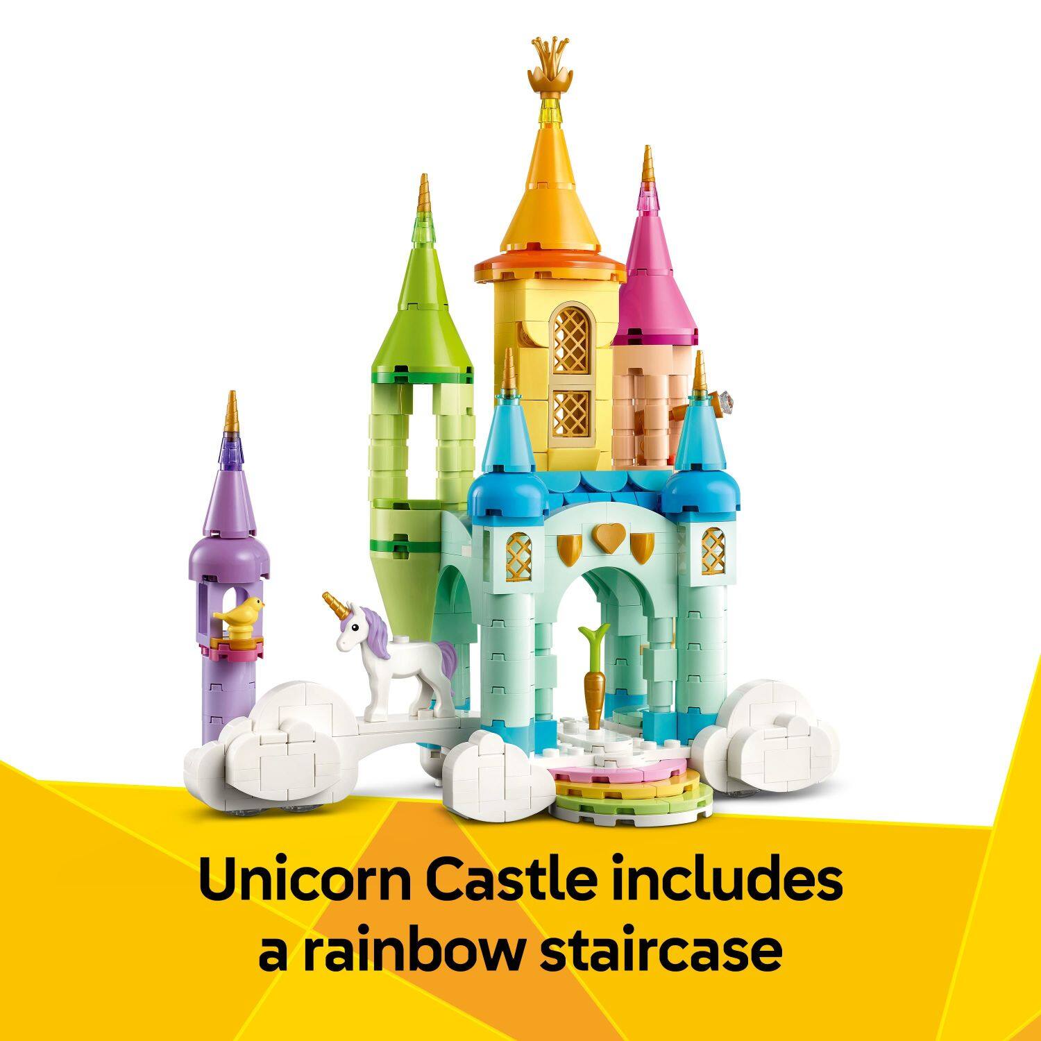 Unicorn Castle includes a rainbow staircase.