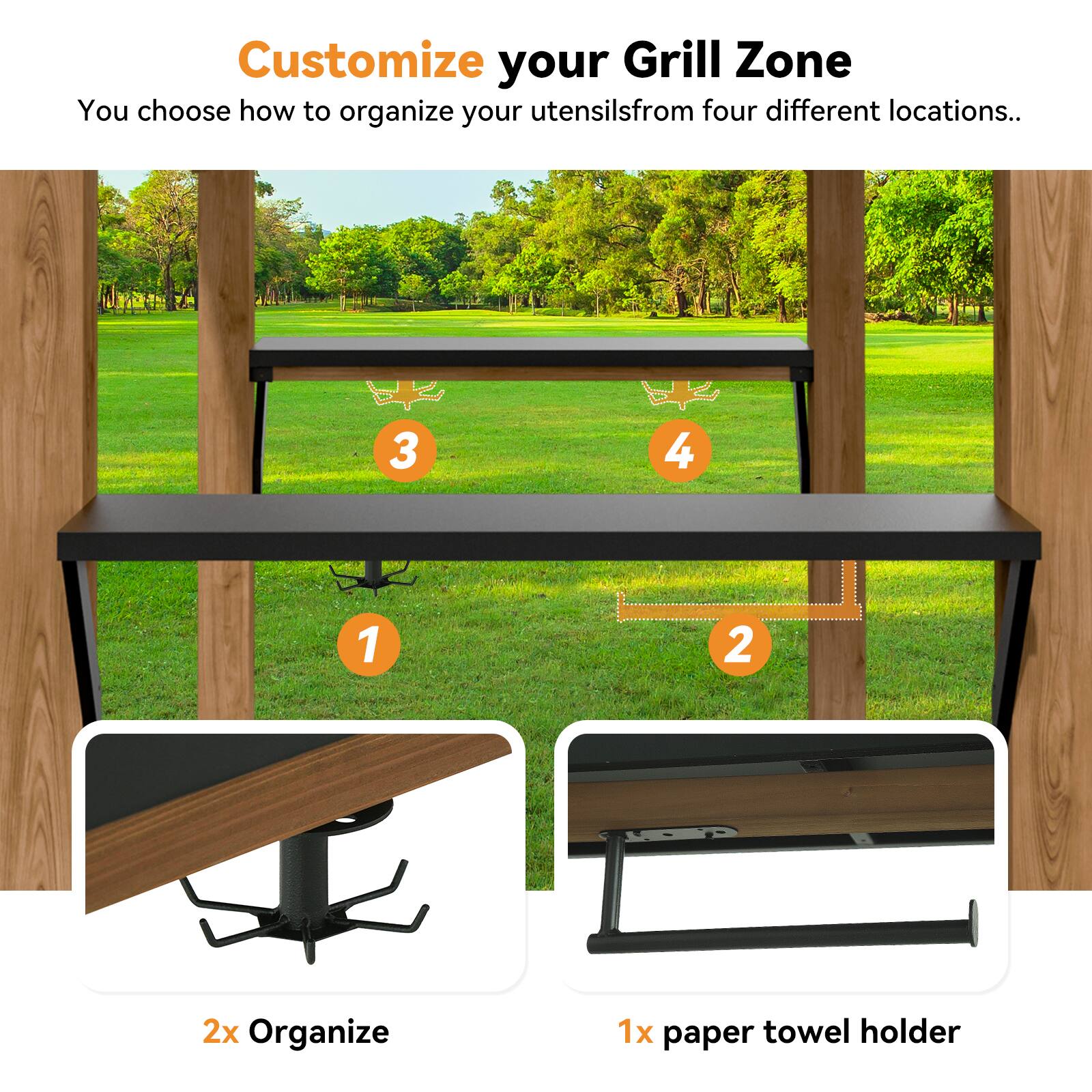 Customize your Grill Zone  
You choose how to organize your utensils from four different locations...

1. 2x Organize  
2. 1x paper towel holder