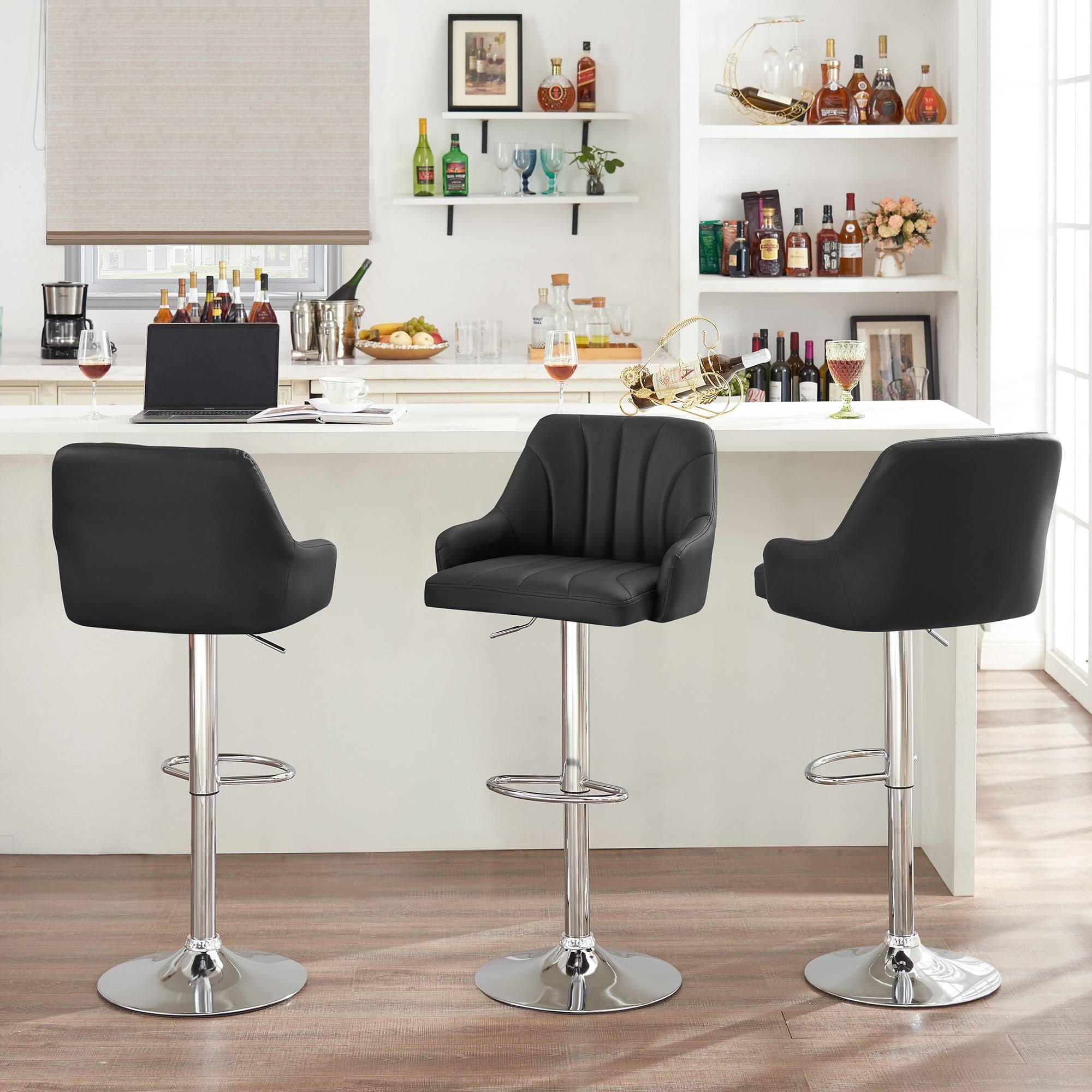 Alt View 7. Vecelo - Set of 4 Adjustable Swivel Bar Stools - PU Leather Seat, 360° Rotation, Height 35.4"-43.7", 330lb Capacity - Black.