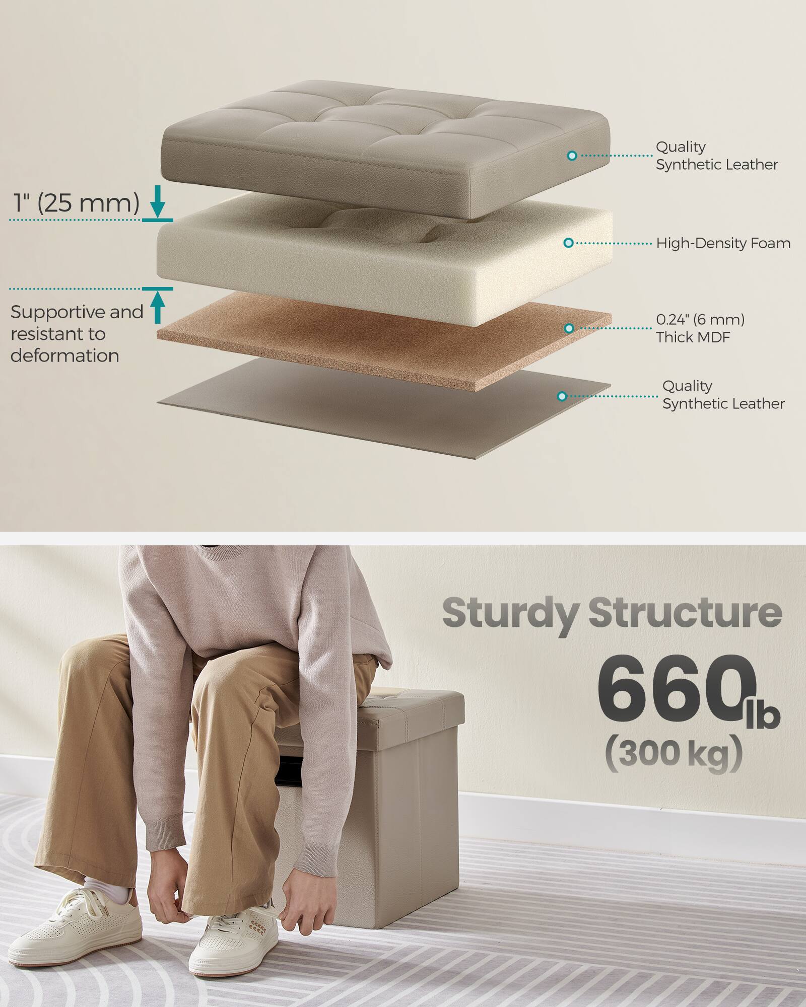 1" (25 mm) Quality Synthetic Leather High-Density Foam Supportive and resistant to deformation 0.24" (6 mm) Thick MDF Quality Synthetic Leather Sturdy Structure 660 lb (300 kg)