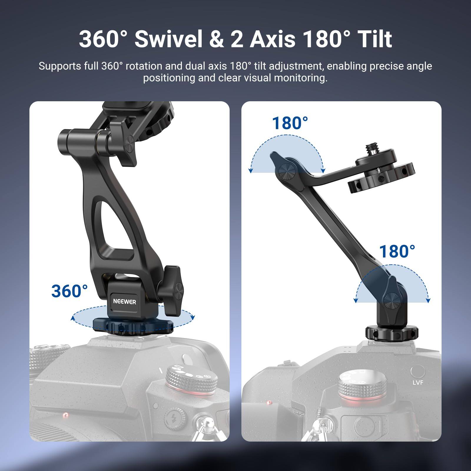360° Swivel & 2 Axis 180° Tilt

Supports full 360° rotation and dual axis 180° tilt adjustment, enabling precise angle positioning and clear visual monitoring.