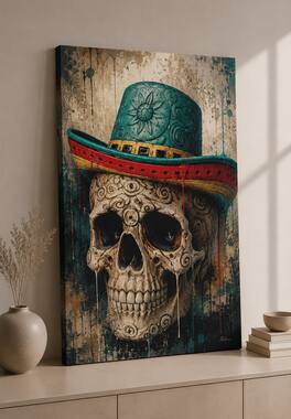 FC Design - Large Sugar Skull Sombrero Wall Art Canvas Print 24x36" Day of the Dead Artistic Painting for Home Decor - MultiColor