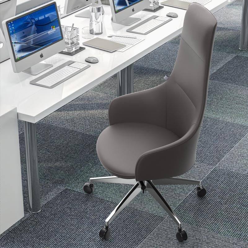 Left. LeisureMod - Celeste High-Back Office Chair in Upholstered Leather with Iron Frame Swivel and Tilt for Desk, Study and Home Office - Grey.