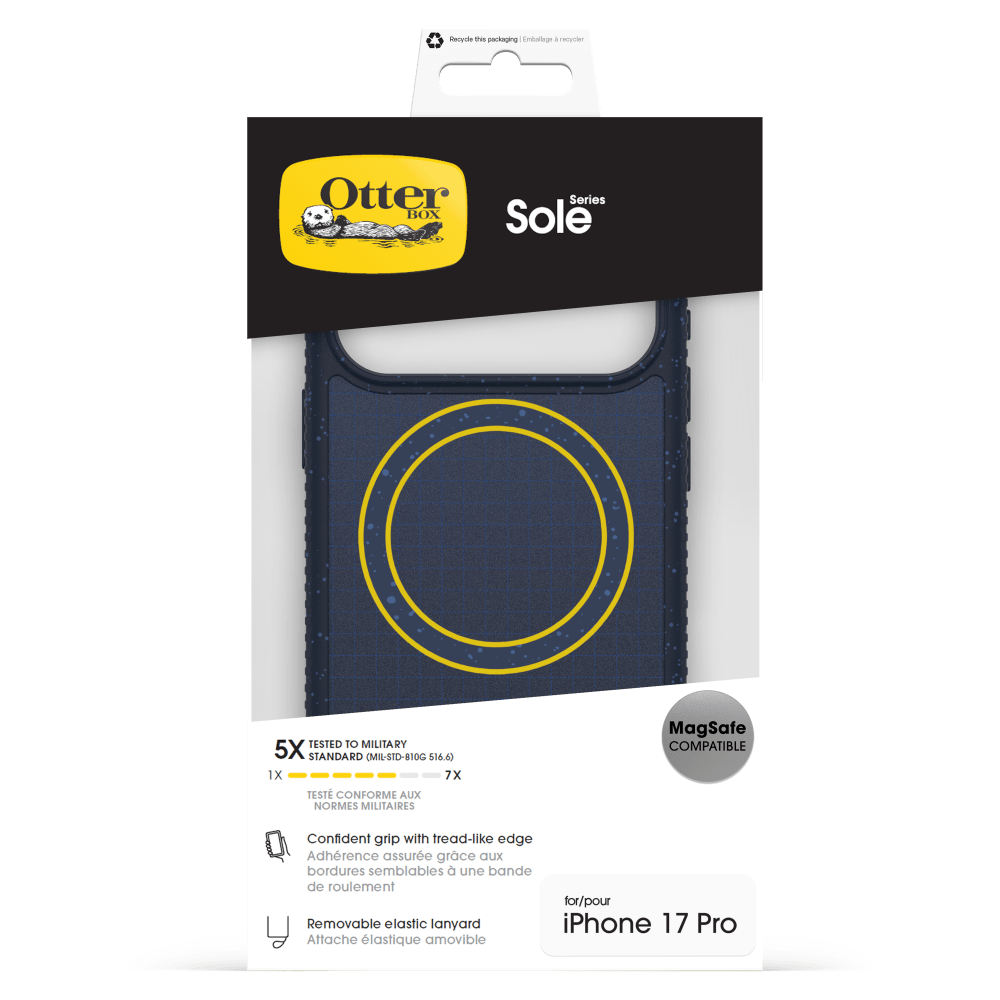 Recycle this packaging  
Emballage - recycler

Otter Series BOX Sole

TESTED TO MILITARY 5X STANDARD (MIL-STD-810G 516.6)  
1X 7X TEST CONFORME AUX NORMES MILITAIRES

MagSafe COMPATIBLE

Confident grip with tread-like edge  
Adhérance assurée grâce aux bordures semblables à une bande de roulement

Removable elastic lanyard  
Attache élastique amovible

for/pour iPhone 17 Pro