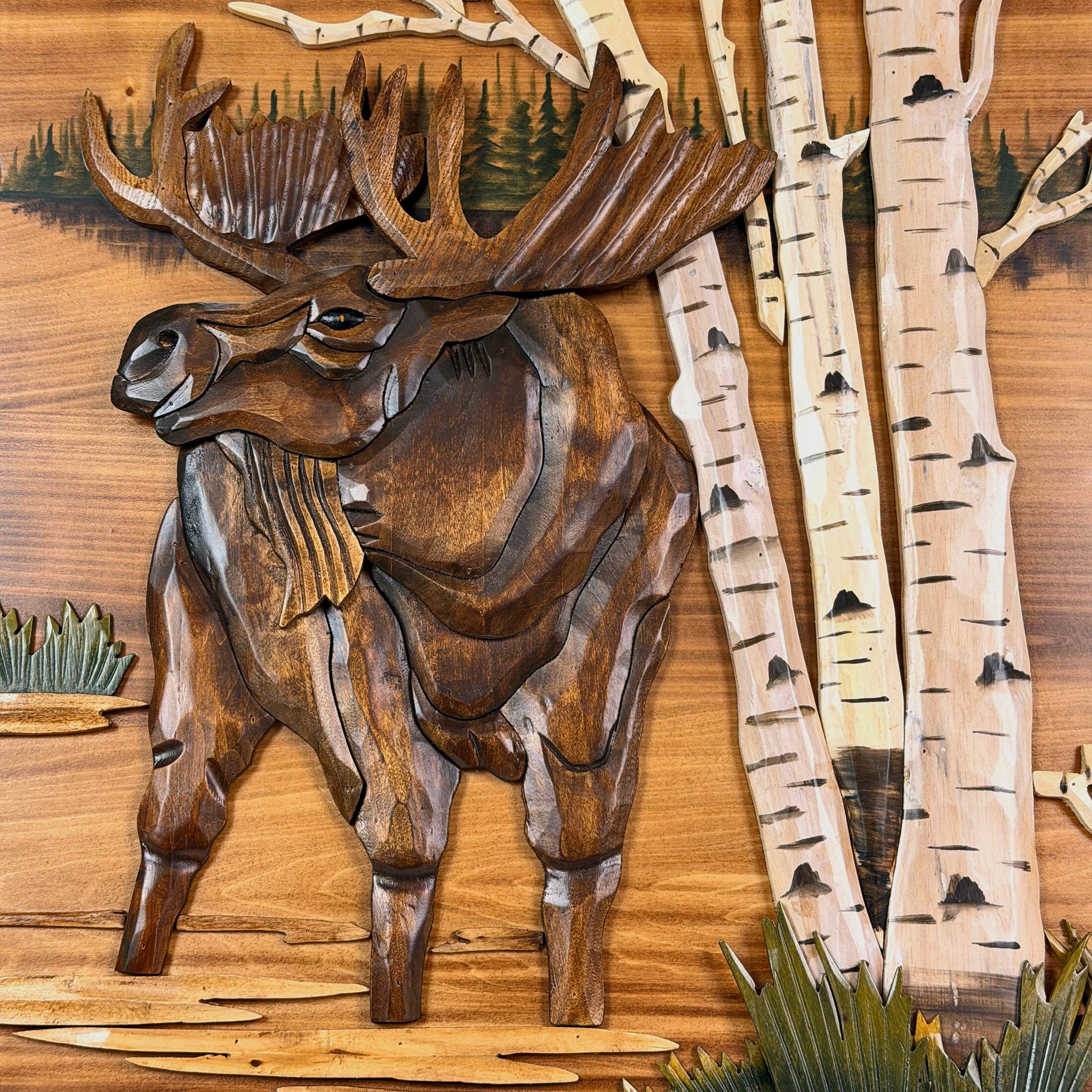 Alt View 8. Zeckos - Moose in Birch Forest 23.5 inch Rustic Intarsia Wood Wall Art Sculpture - Brown.