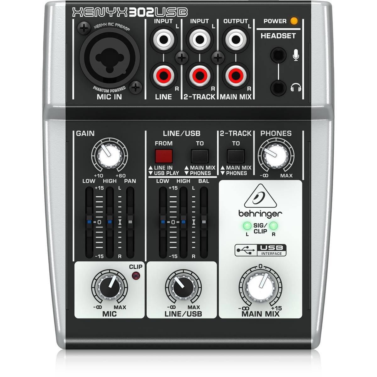 XENYX 302USB

INPUT
- XENYX MIC PREAMP
- PHANTOM POWERED
- MIC IN
- LINE
- 2-TRACK
- MAIN MIX

OUTPUT
- HEADSET

POWER

GAIN
- LOW +10
- HIGH +60
- PAN

LINE/USB
- FROM
  - LINE IN
  - USB PLAY
- TO
  - MAIN MIX
- LOW
- HIGH
- BAL

2-TRACK
- TO
  - MAIN MIX

PHONES
- LOW
- HIGH
- BAL

CLIP
- MIC
- LINE/USB
- MAIN MIX

behringer
- SIG/CLIP L
- SIG/CLIP R
- USB INTERFACE