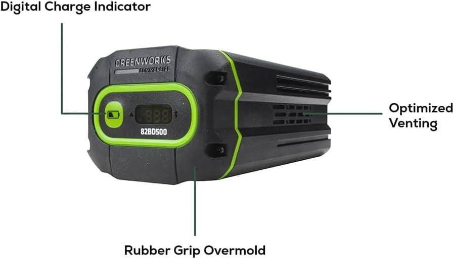 Digital Charge Indicator  
GREENWORKS  
82BD500  
Optimized Venting  
Rubber Grip Overmold