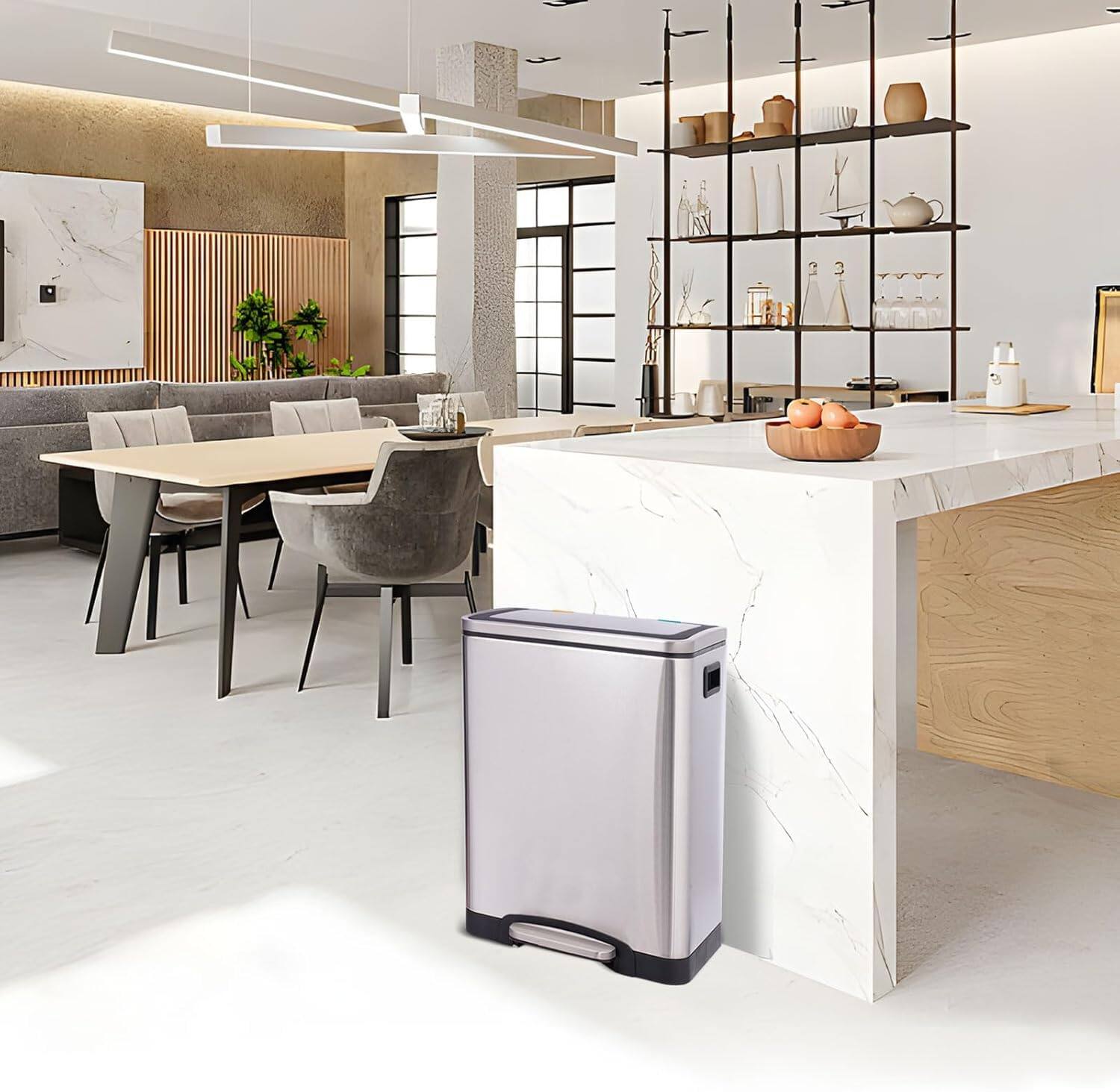 Alt View 3. Homhougo - 2 x 4 Gal (2 x 15L) Trash Can, Stainless Steel Double Trash Can with Recycling Bin, Soft-Close Lid - Silver.