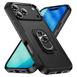 Dteck - for Apple iPhone 17 Pro Max Heavy Duty Case with Foldable Metal Ring Stand,Fit Magnetic Car Holders,Shockproof Cover - Black