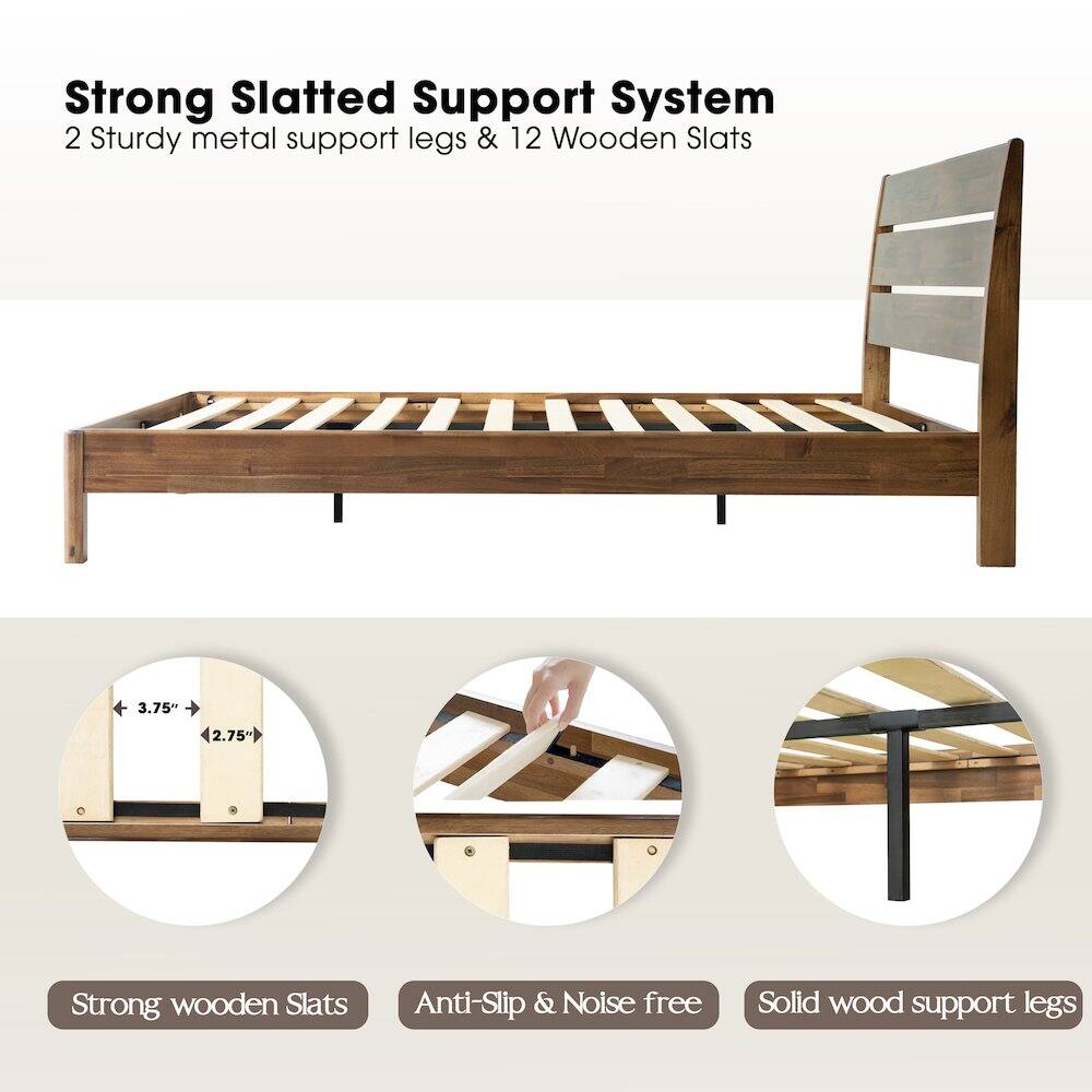 Strong Slatted Support System  
2 Sturdy metal support legs & 12 Wooden Slats  
3.75" 2.75"  
Strong wooden Slats  
Anti-Slip & Noise free  
Solid wood support legs