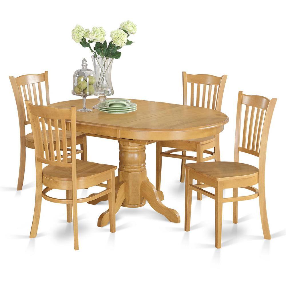 Back. East West Furniture - 5 Pc Dining room set for 4- Table with Leaf and 4 Dining Chairs. - Oak.