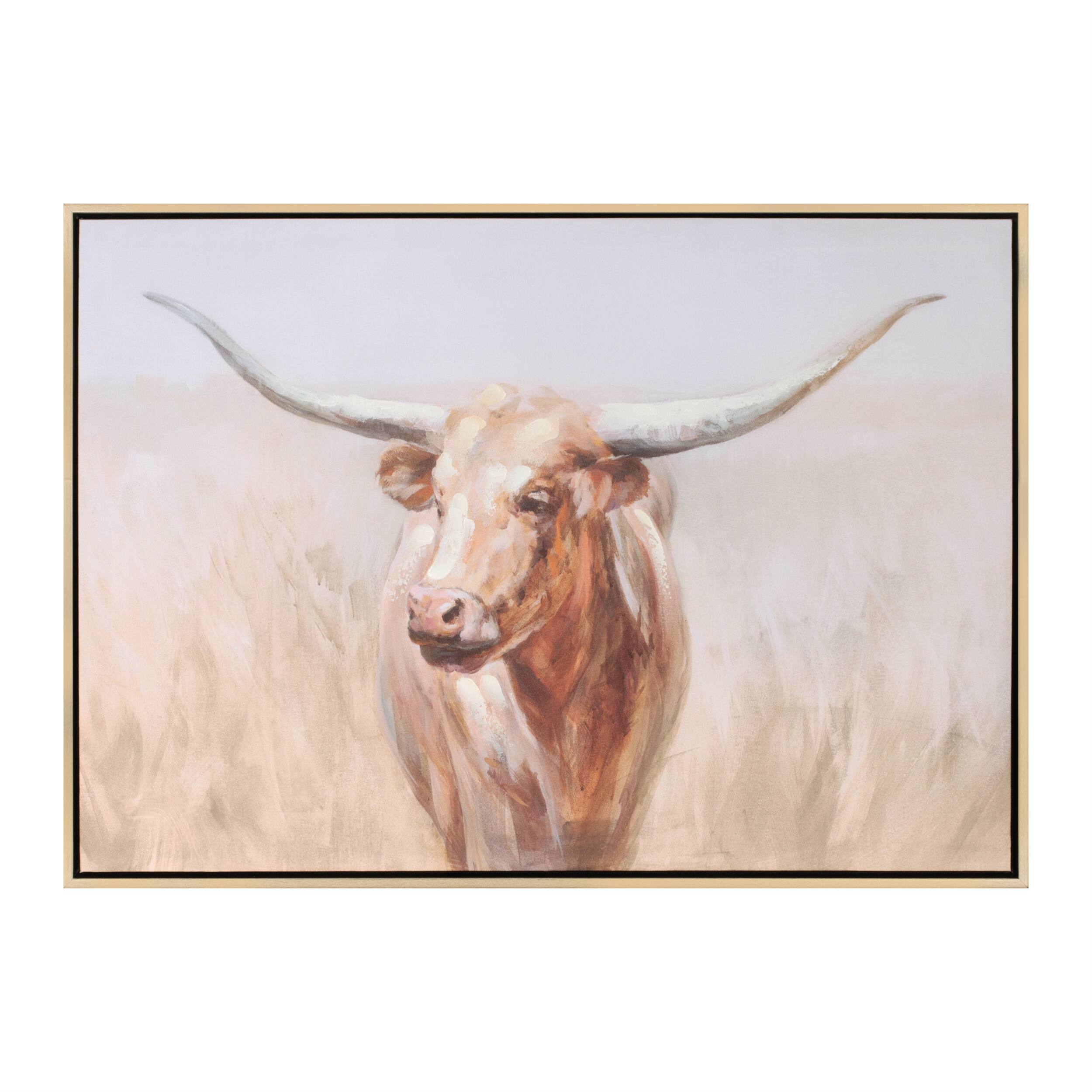 BreeBe - Framed Long Horn Cattle Wall Art 28"L - Brown, Beige