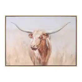 BreeBe - Framed Long Horn Cattle Wall Art 28"L - Brown, Beige