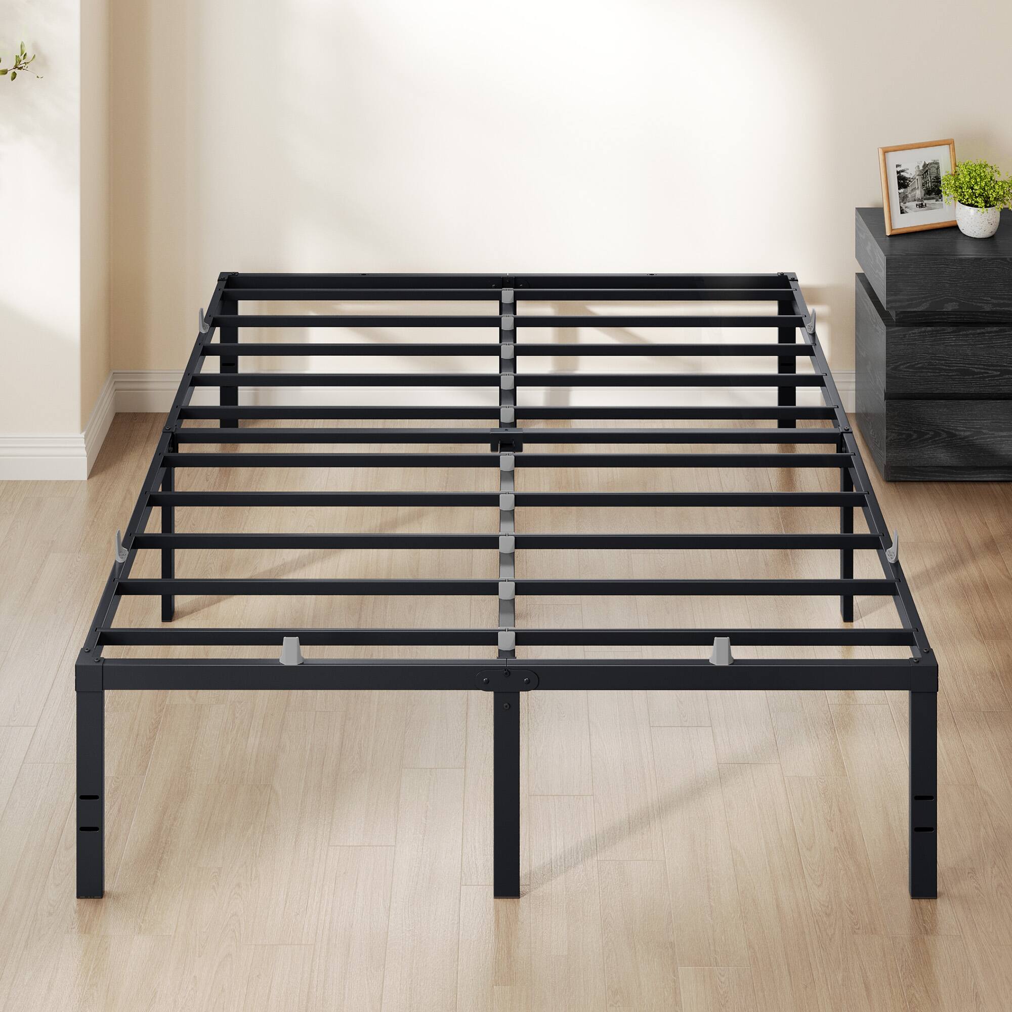 Front. Songmics Home - Queen Metal Bed Frame 18 Inches Tall, 1100 lb Weight Capacity, with Under-Bed Storage, Heavy-Duty Platform Bed - Matte Black.
