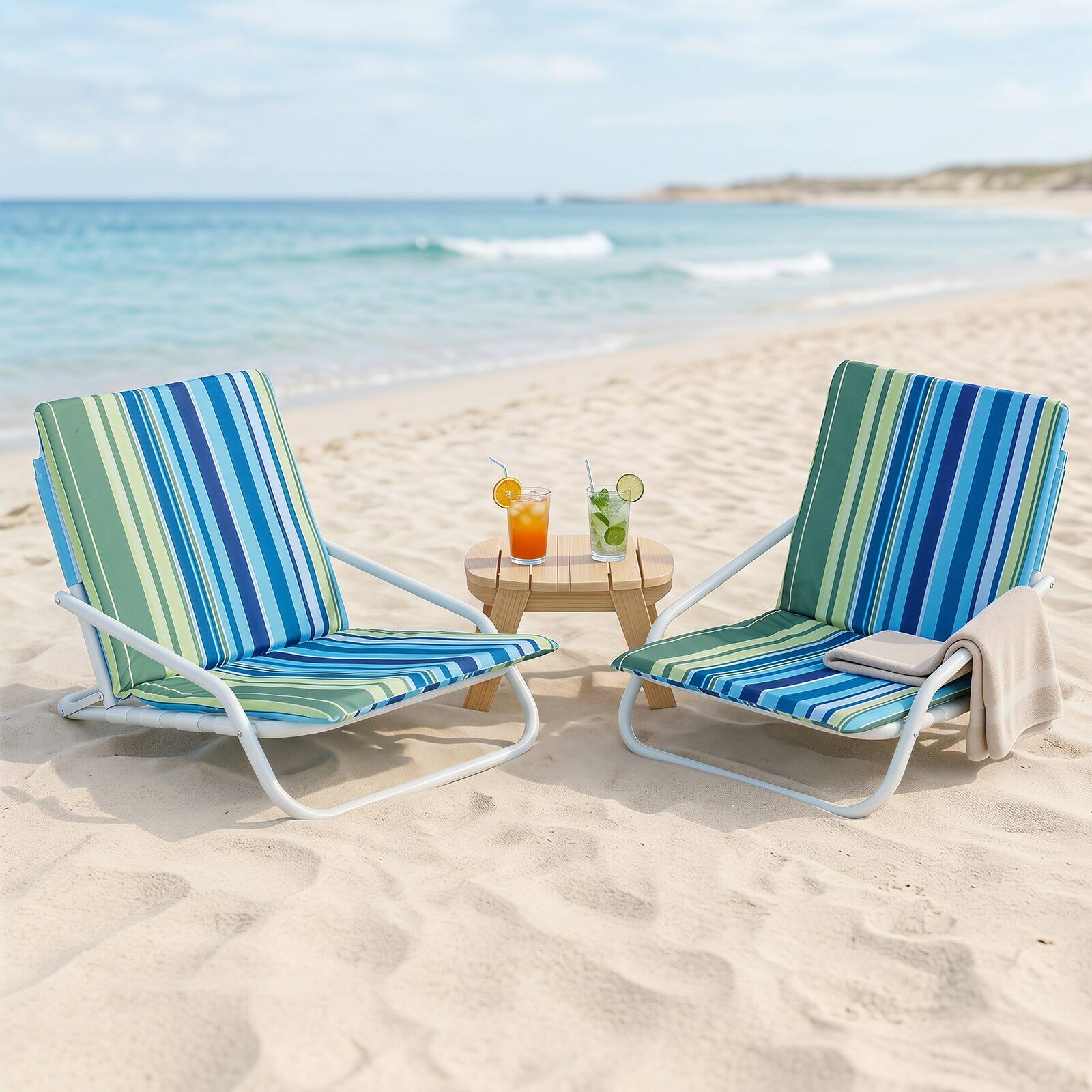 Alt View 3. Gymax - Gymax 2PCS Folding Beach Chairs w/Low-Profile Design & Sponge Padded Seat for Camping Blue & Green - Blue.