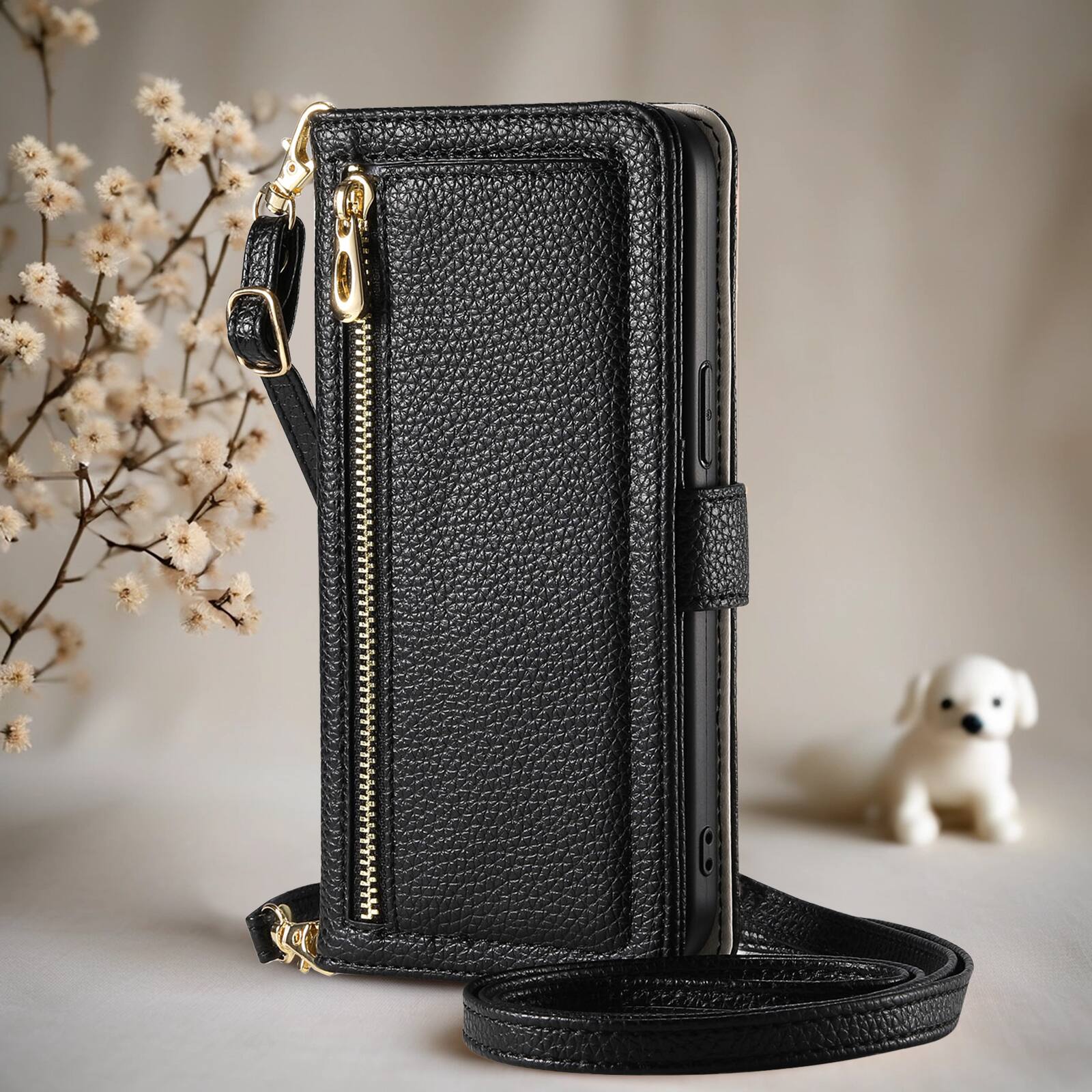 Left. Dteck - Wallet Case for Samsung Galaxy S26+ with Crossbody Strap and Wristlet, PU Leather Zipper Purse Kickstand Cover - Black.