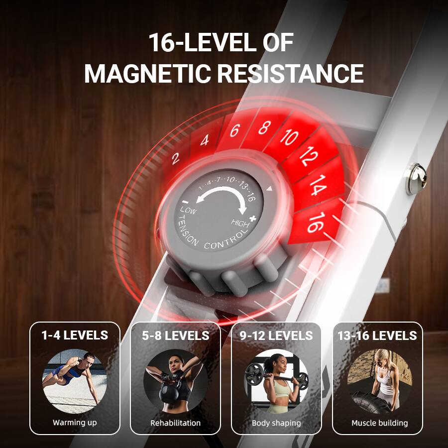 16-Level of Magnetic Resistance

1-4 Levels: Warming up  
5-8 Levels: Rehabilitation  
9-12 Levels: Body shaping  
13-16 Levels: Muscle building