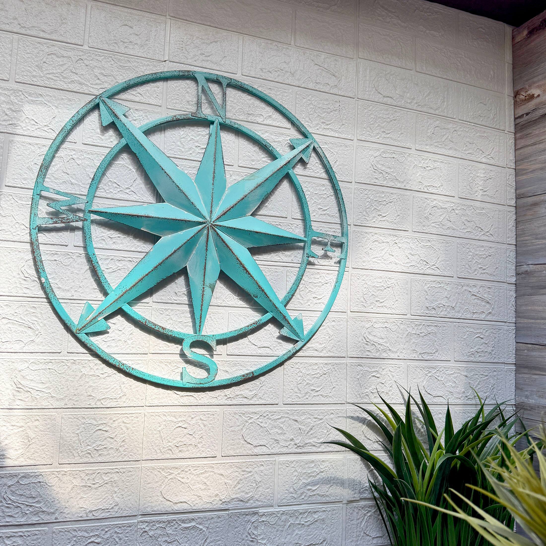 Alt View 4. Zeckos - Aqua Metal Compass Rose Wall Decor 20.25 inch Coastal Nautical Beach Art - Aqua.