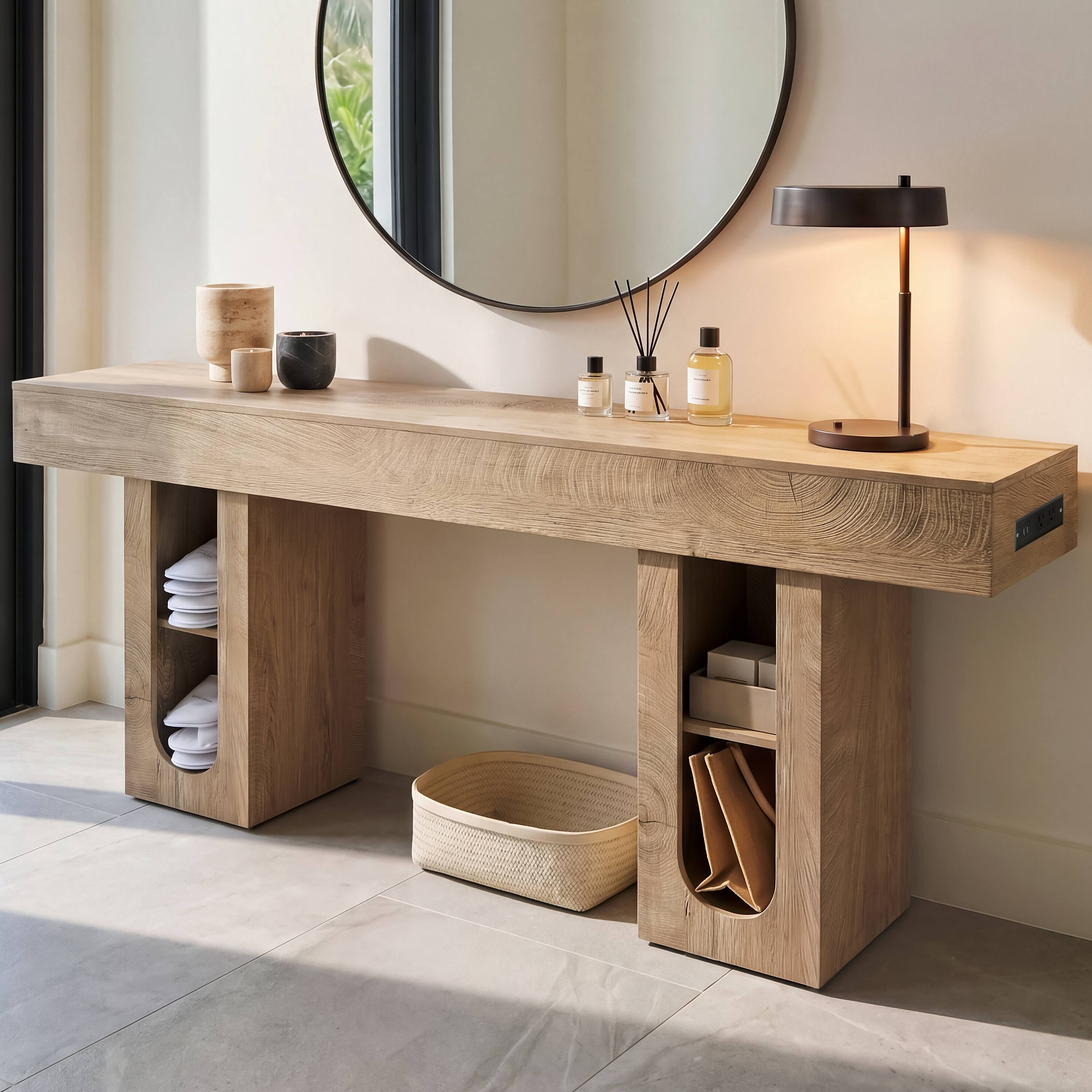 Left. Whisen - 71-Inch Long Console Table with Built-in Power Outlet and Adjustable Shelves-Natural - Natural.