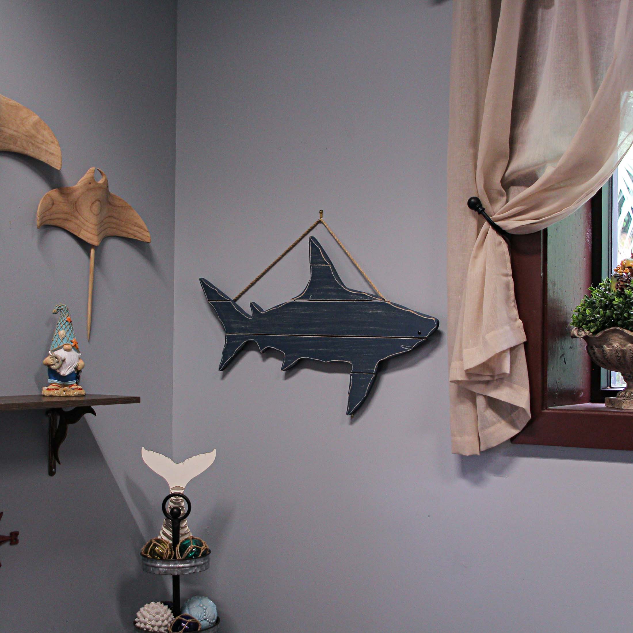 Alt View 3. Zeckos - 31 Inch Blue Wood Carved Shark Wall Decor Plaque Hanging Nautical Art Coastal - Blue.
