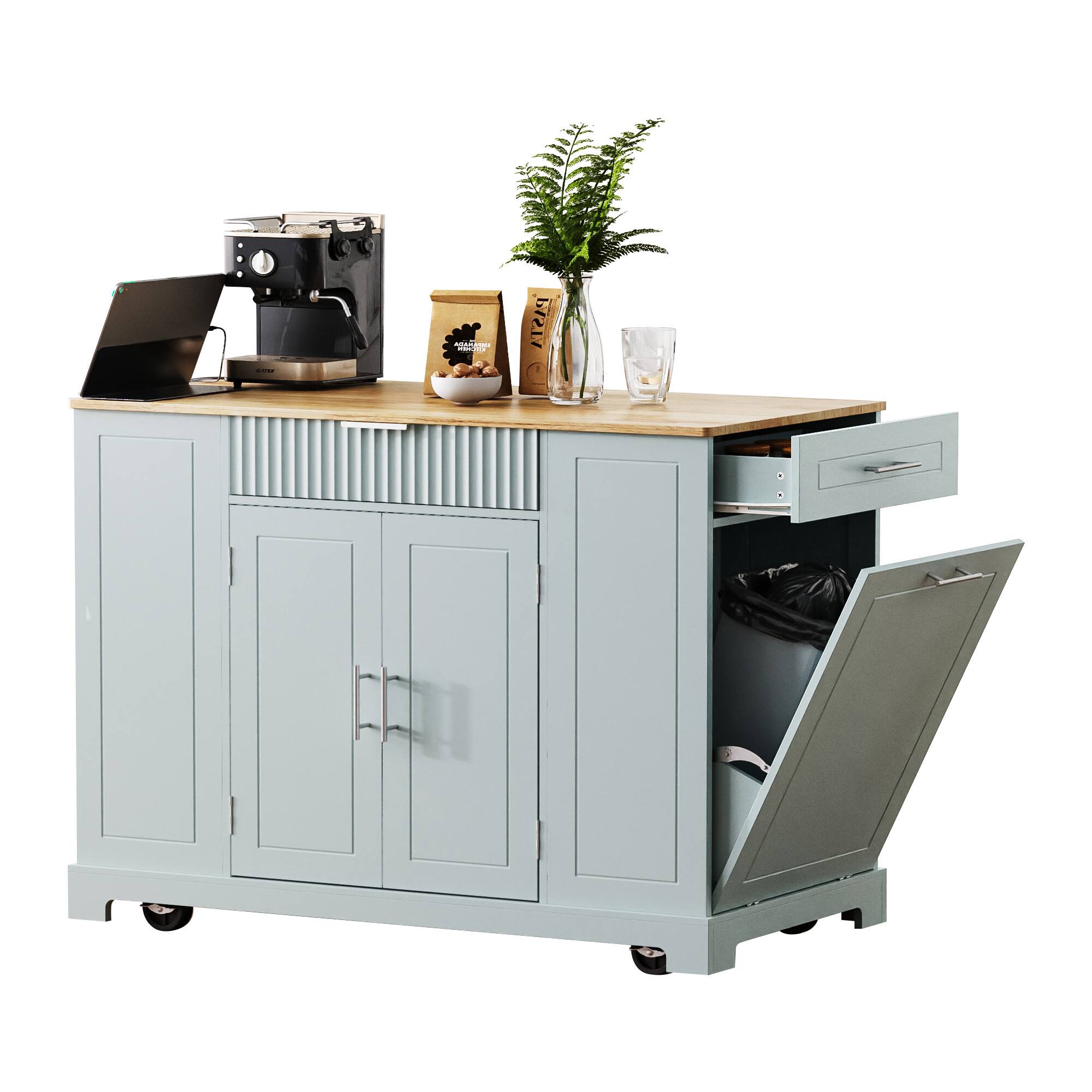 Alt View 1. Forest'nSky - Fluted Rolling Kitchen Island with Trash Can Cabinet, Power Outlet, 3 Drawers  for 10-Gallon Bin, Grey Blue - Grey Blue.