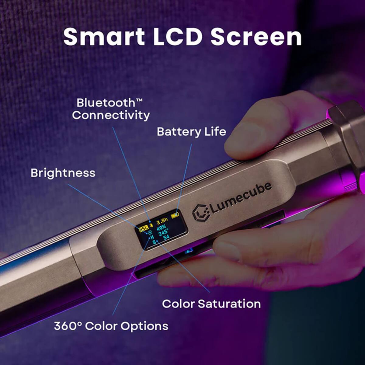 Smart LCD Screen  
Bluetooth Connectivity  
Battery Life  
Brightness  
3.9h  
40% HSL  
245  
54 S.  
Lumecube  
Color Saturation  
360 Color Options