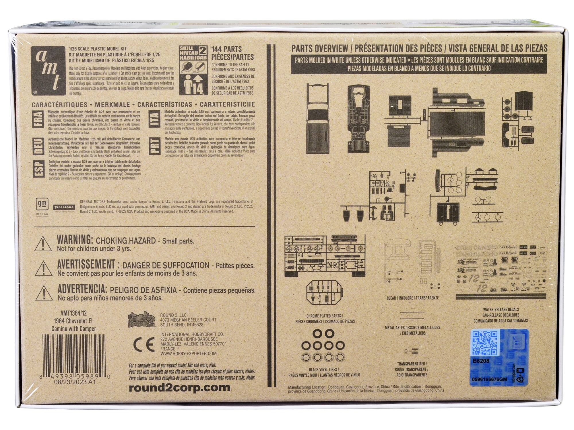 Sure, here is the corrected and grouped text from the image:

---

**1/25 SCALE PLASTIC MODEL KIT**

**KIT MAGUETTE EN PLASTIQUE À L'ÉCHELLE 1/25**

**KIT DE MODELISMO EN PLÁSTICO A ESCALA 1/25**

**144 PARTS**

**PIÈCES/PARTES**

**REQUERIMIENTOS DE ASF 963**

**CONFORME AUX EXIGENCES DE L'ASF 963**

**CONFORME AL ASF 963**

**CARACTERÍSTIQUES - MERKMALE - CARACTERÍSTICAS**

**GENERAL MOTORS Trademark used under license by Round 2, LLC. Firestone, Bridgestone Brands, and used with permission. AMT and design and Round 2 are trademarks of Round 2, LLC. Made in China. All rights reserved.**

**WARNING: CHOKING HAZARD - Small parts. Not for children under 3 yrs.**

**AVERTISSEMENT: DANGER DE SUFFOCATION - Petites pièces. Ne convient pas pour les enfants de moins de 