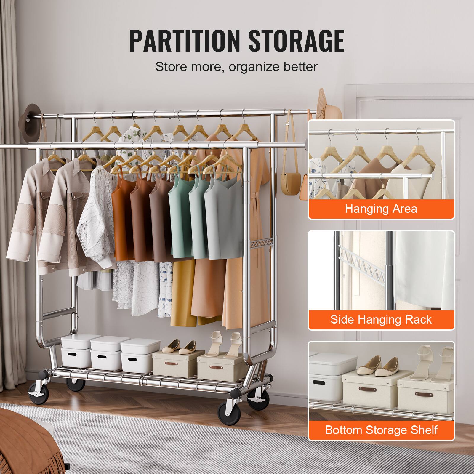 PARTITION STORAGE
Store more, organize better
Hanging Area
Side Hanging Rack
Bottom Storage Shelf