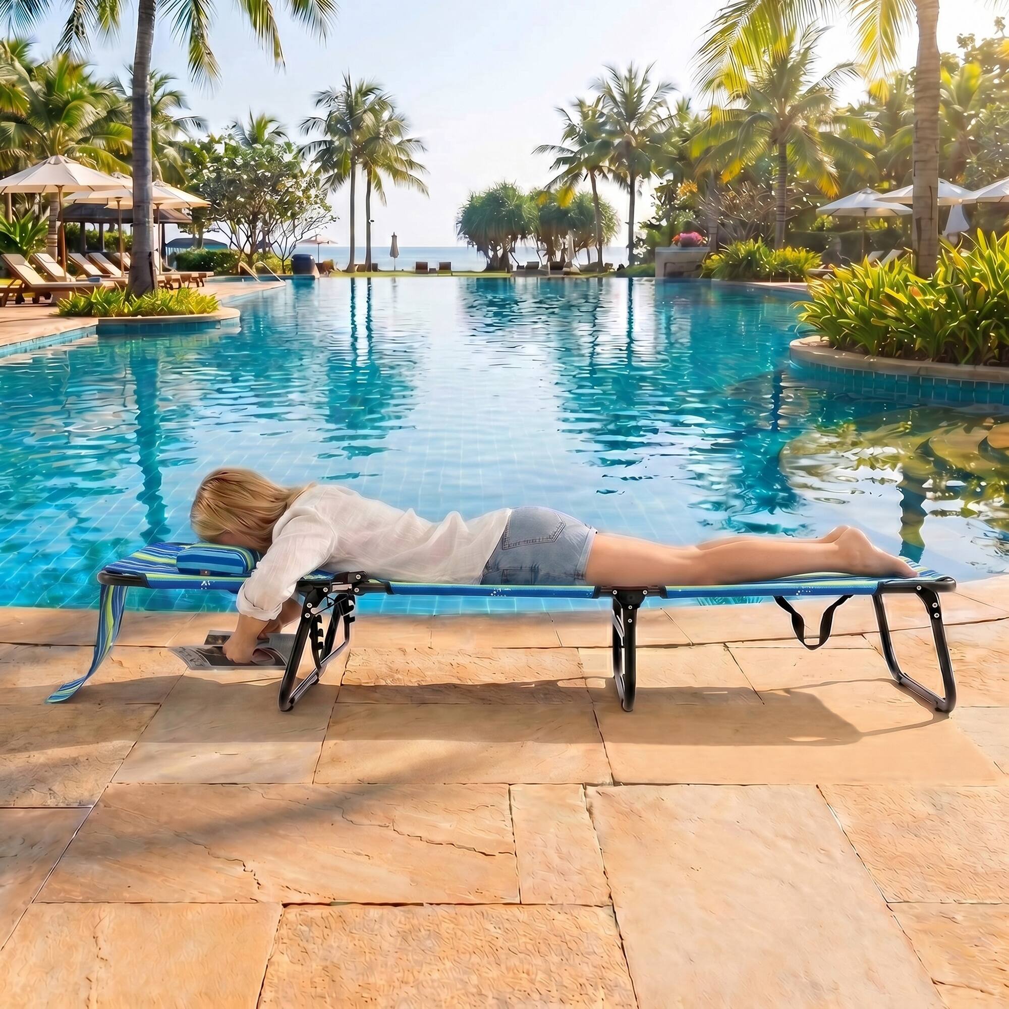 Alt View 3. Gymax - Gymax 2PCS Folding Beach Sun Lounger w/Face Hole Removable Pillows 4-Position Backrest Blue Stripe - Green.