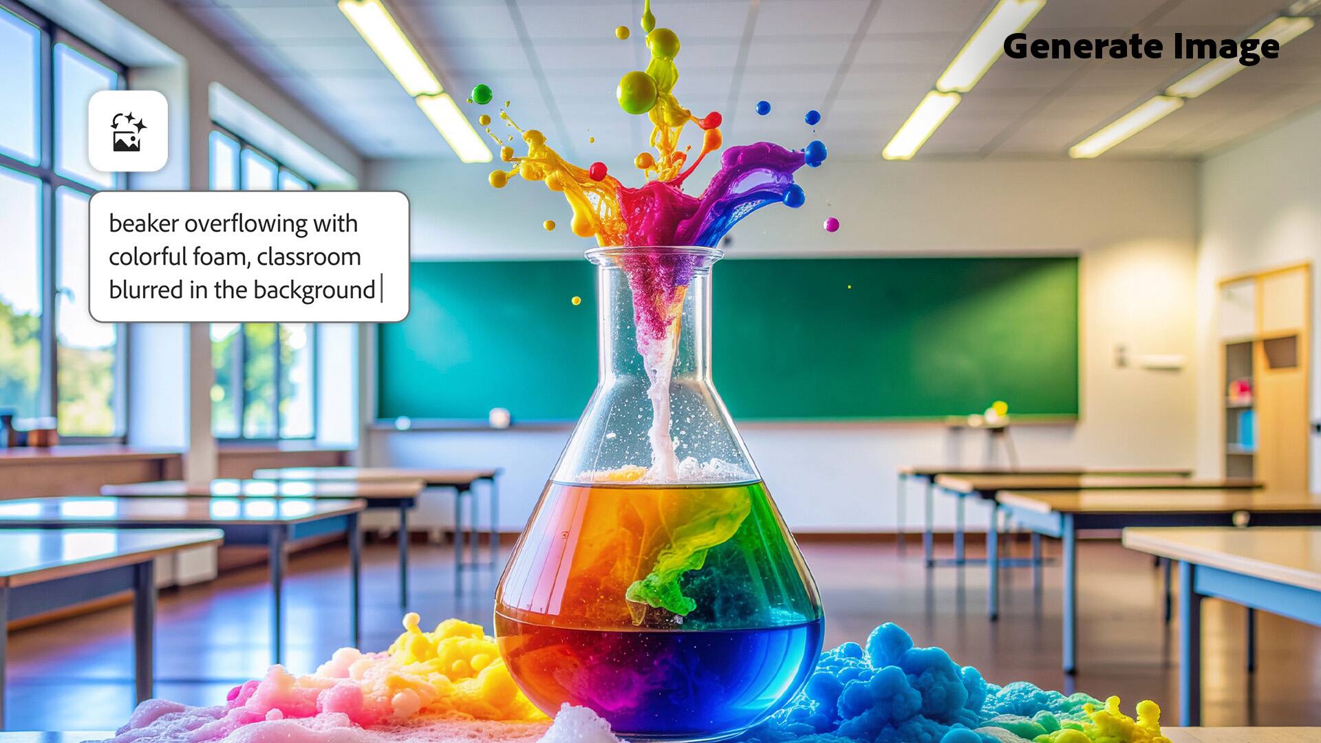 Generate Image

beaker overflowing with colorful foam, classroom blurred in the background