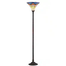 Front. Jonathan Y - Peacock Tiffany-Style 70" Torchiere LED Floor Lamp, Bronze - Bronze.