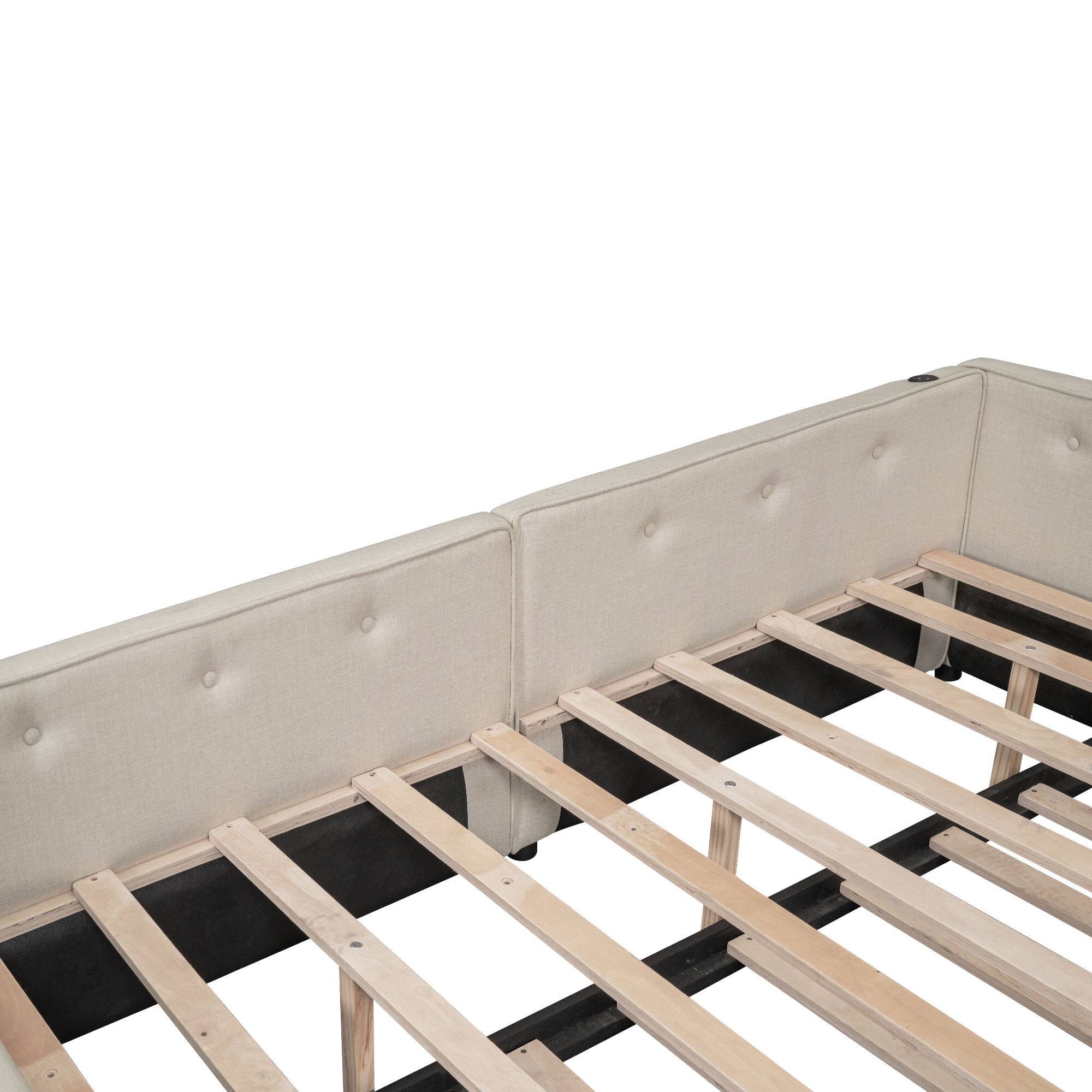 Alt View 5. LUCKY ONE - Full Size Upholstered Platform Bed with USB and Twin Size Trundle - Beige.