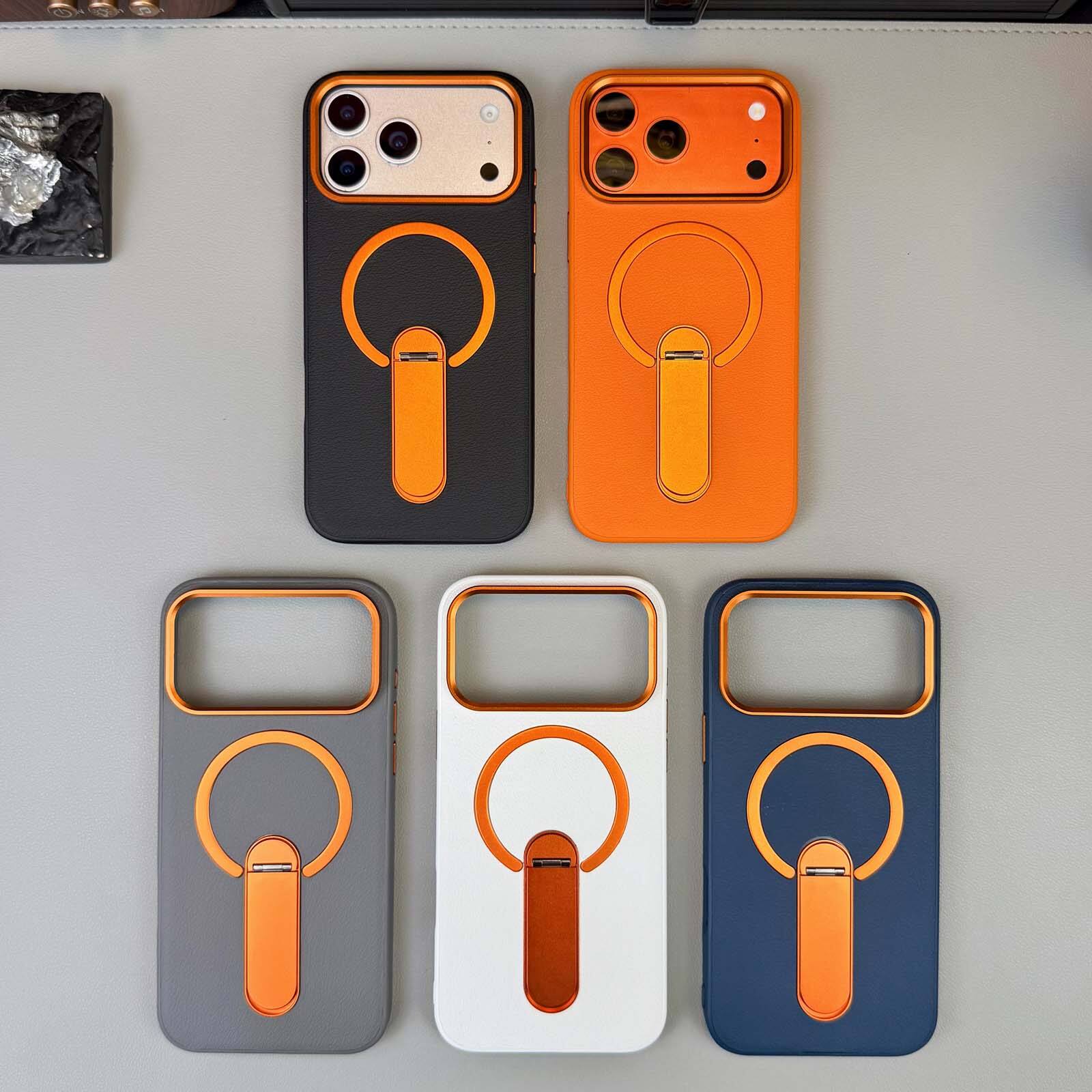 Angle. Dteck - Rugged Magnetic Case for Apple iPhone 17 Pro Max with Integrated Stand, Slim Shockproof Dual Layer Protective Cover - Orange.