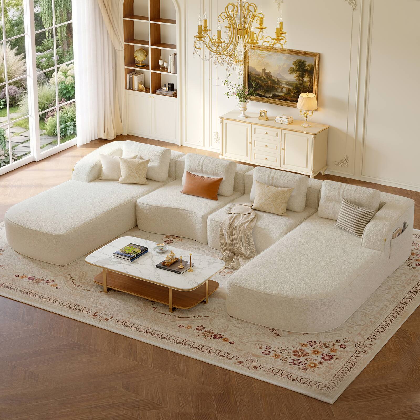 Angle. Pinmoco - PINMOCO Modular Sectional Sofa, Sleeper Sofa Bed with 3 Pillows, Boneless Couch with Side Pockets - U-Shape Off White.