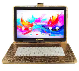 LINSAY - 10.1" Octa Core 256GB Storage Android 15 Tablet with Golden Keyboard - Gold