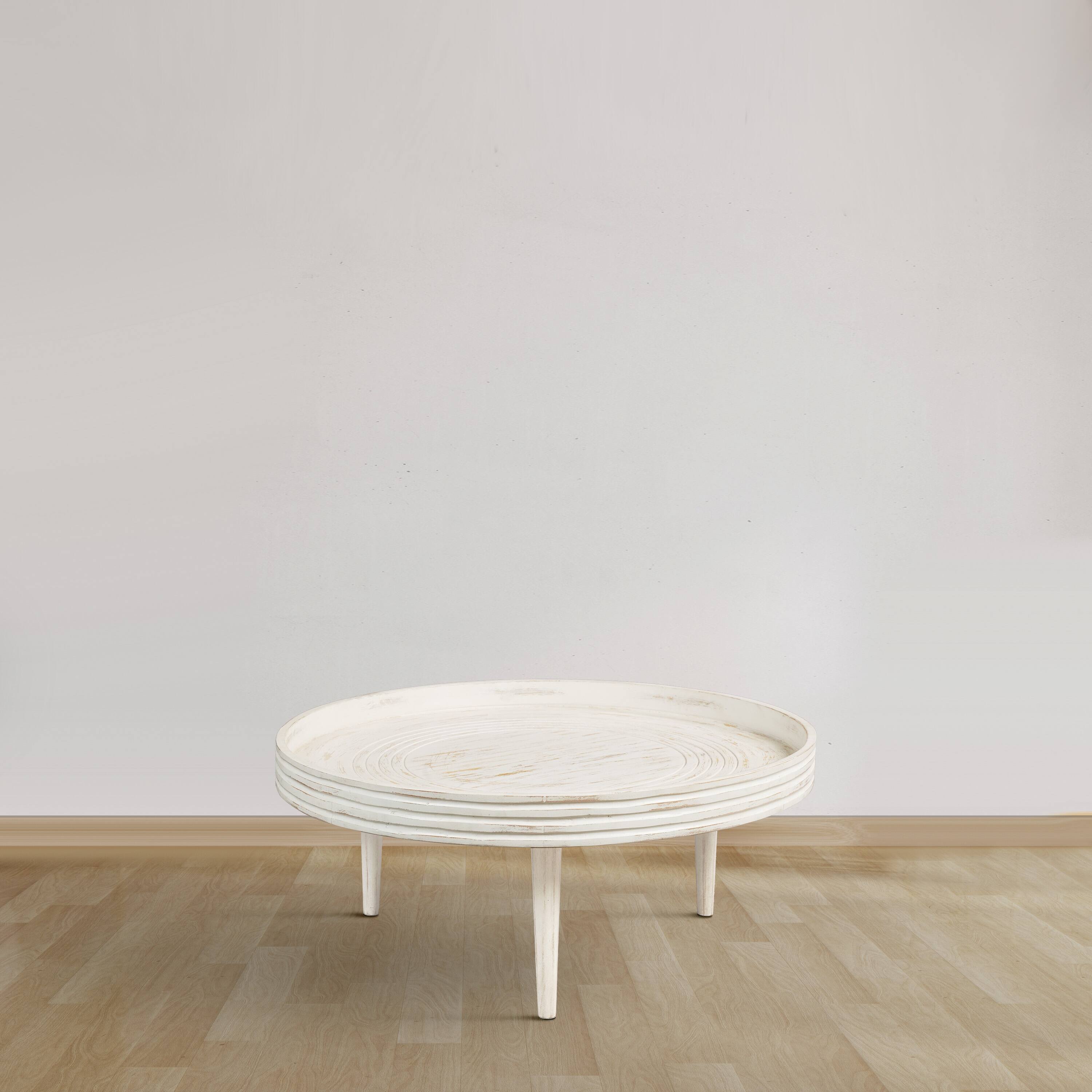 Alt View 7. Manhattan Lane - 33 Inch Coffee Table, Solid Mango Wood, Handcrafted Round Grooved Raised Edge - White.