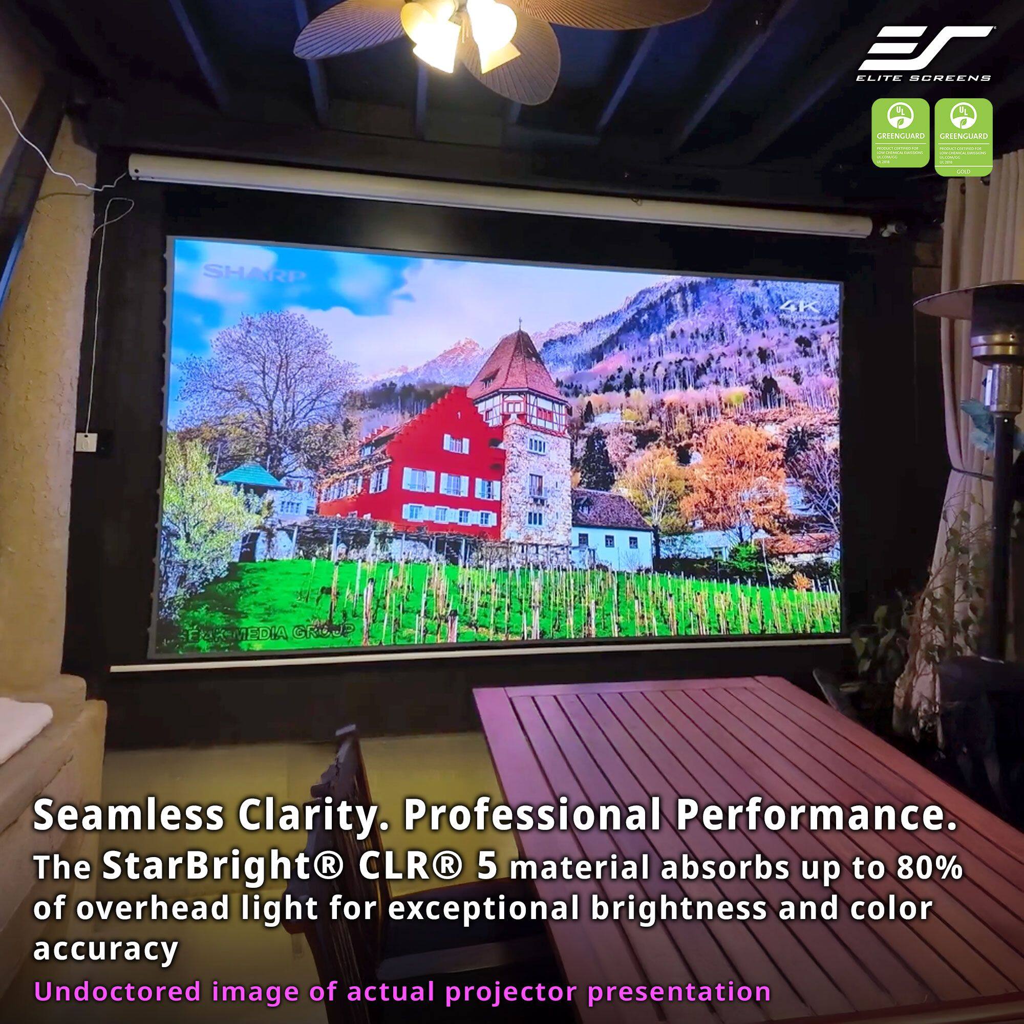 Elite Screens  
Seamless Clarity. Professional Performance.  
The StarBright® CLR® 5 material absorbs up to 80% of overhead light for exceptional brightness and color accuracy  
Undoctored image of actual projector presentation