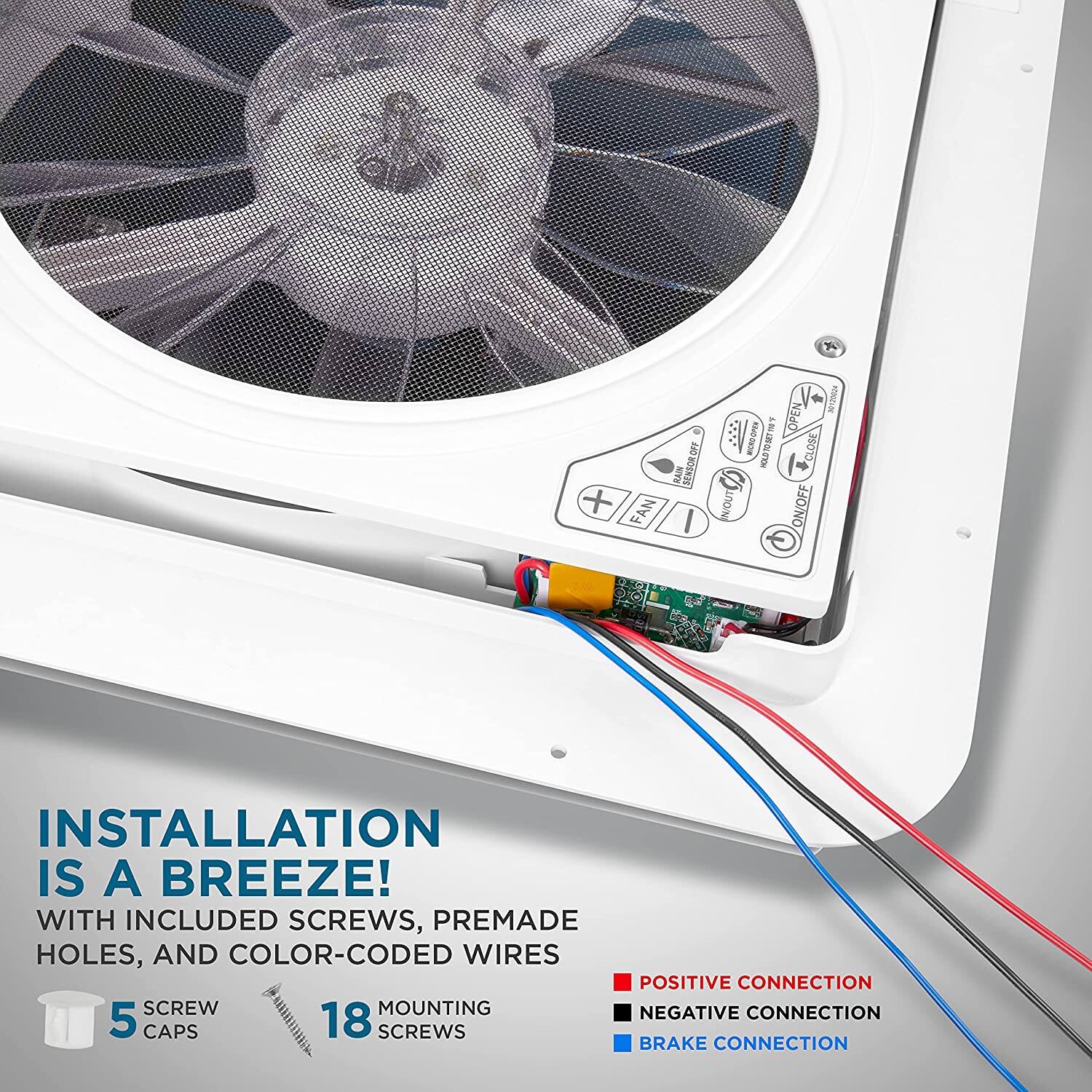 INSTALLATION IS A BREEZE! WITH INCLUDED SCREWS, PREMADE HOLES, AND COLOR-CODED WIRES POSITIVE CONNECTION SCREW MOUNTING NEGATIVE CONNECTION 5 CAPS 18 SCREWS BRAKE CONNECTION