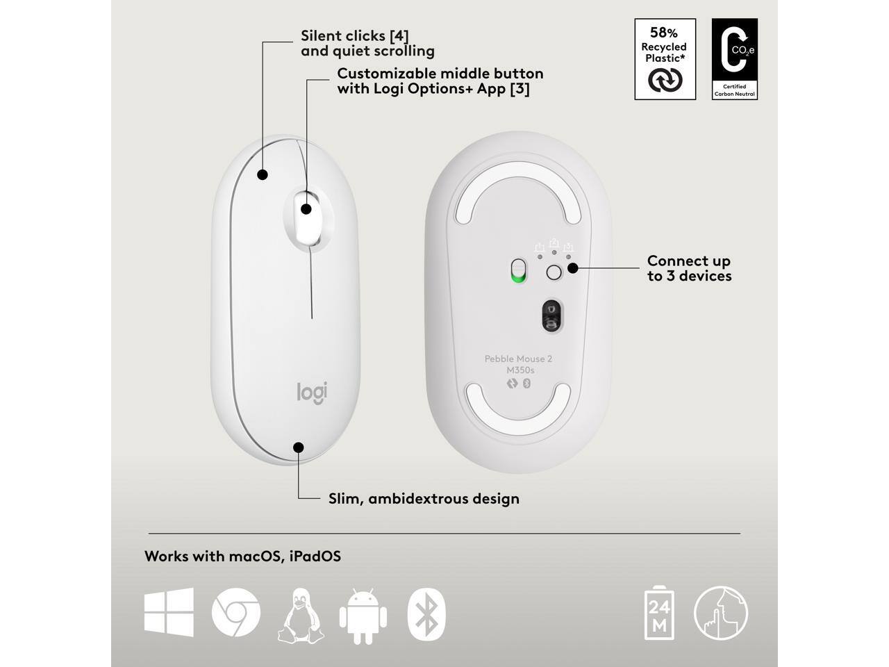 Silent clicks [4] and quiet scrolling  
Customizable middle button with Logi Options+ App [3]  
58% Recycled Plastic*  
CO₂ Certified Carbon Neutral  

Connect up to 3 devices  

Slim, ambidextrous design  

Works with macOS, iPadOS  

Pebble Mouse 2 M350s  

24 M