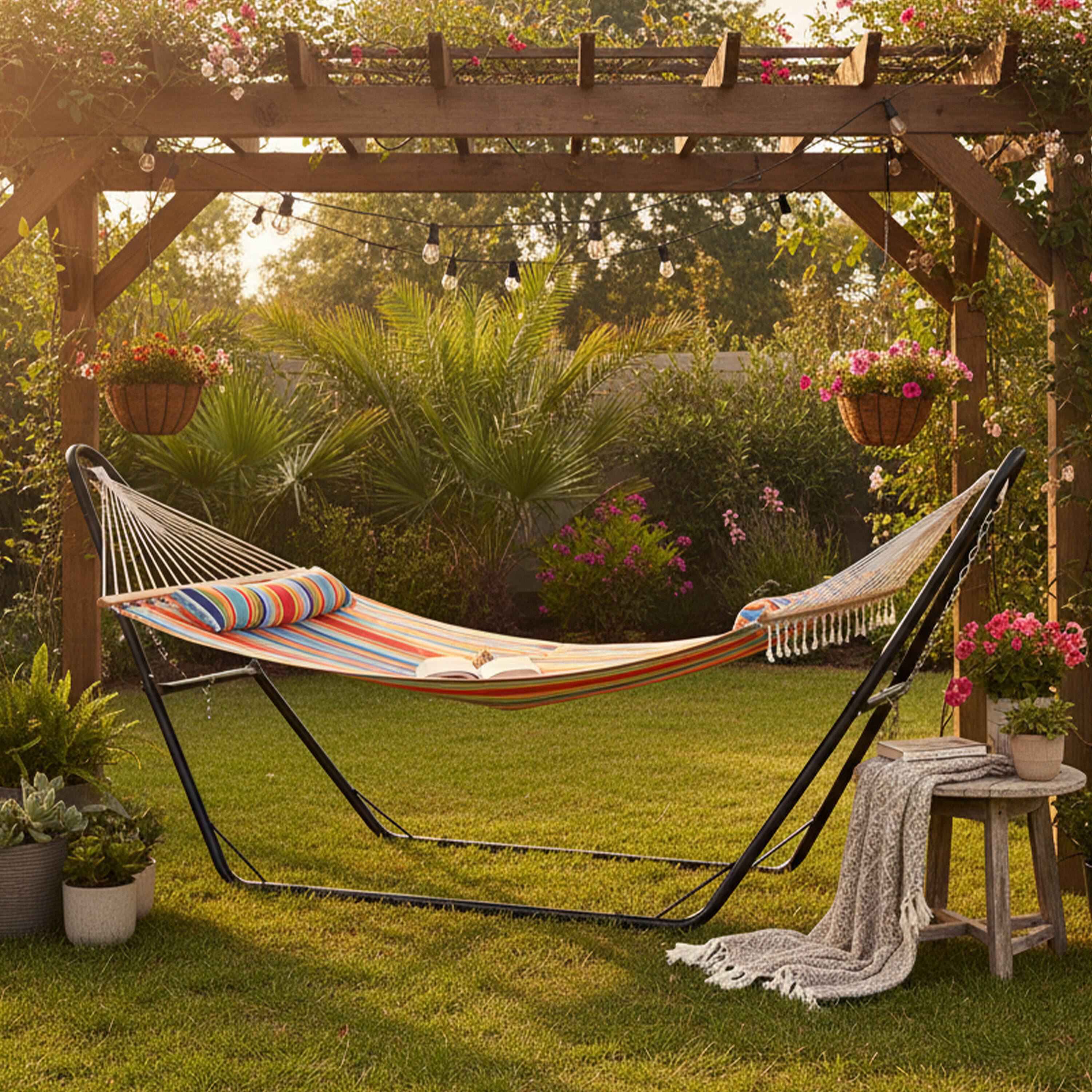 Alt View 7. Sunnydaze - Large Quilted Hammock with Universal Steel Stand - Caribbean Stripe.