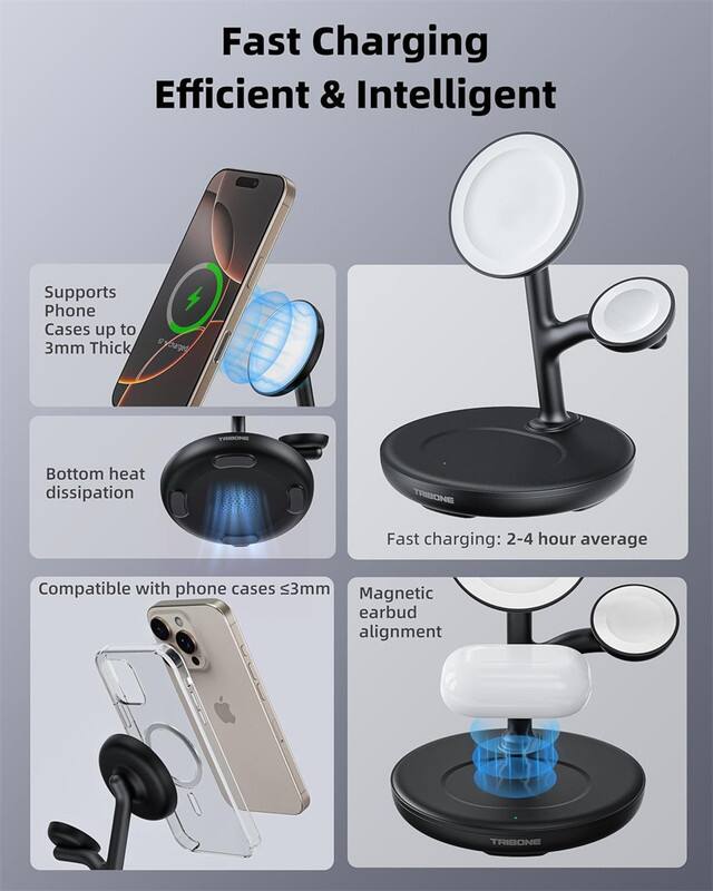 Fast Charging  
Efficient & Intelligent  

- Supports Phone Cases up to 3mm Thick  
- Bottom heat dissipation  
- Fast charging: 2-4 hour average  
- Compatible with phone cases <3mm  
- Magnetic earbud alignment
